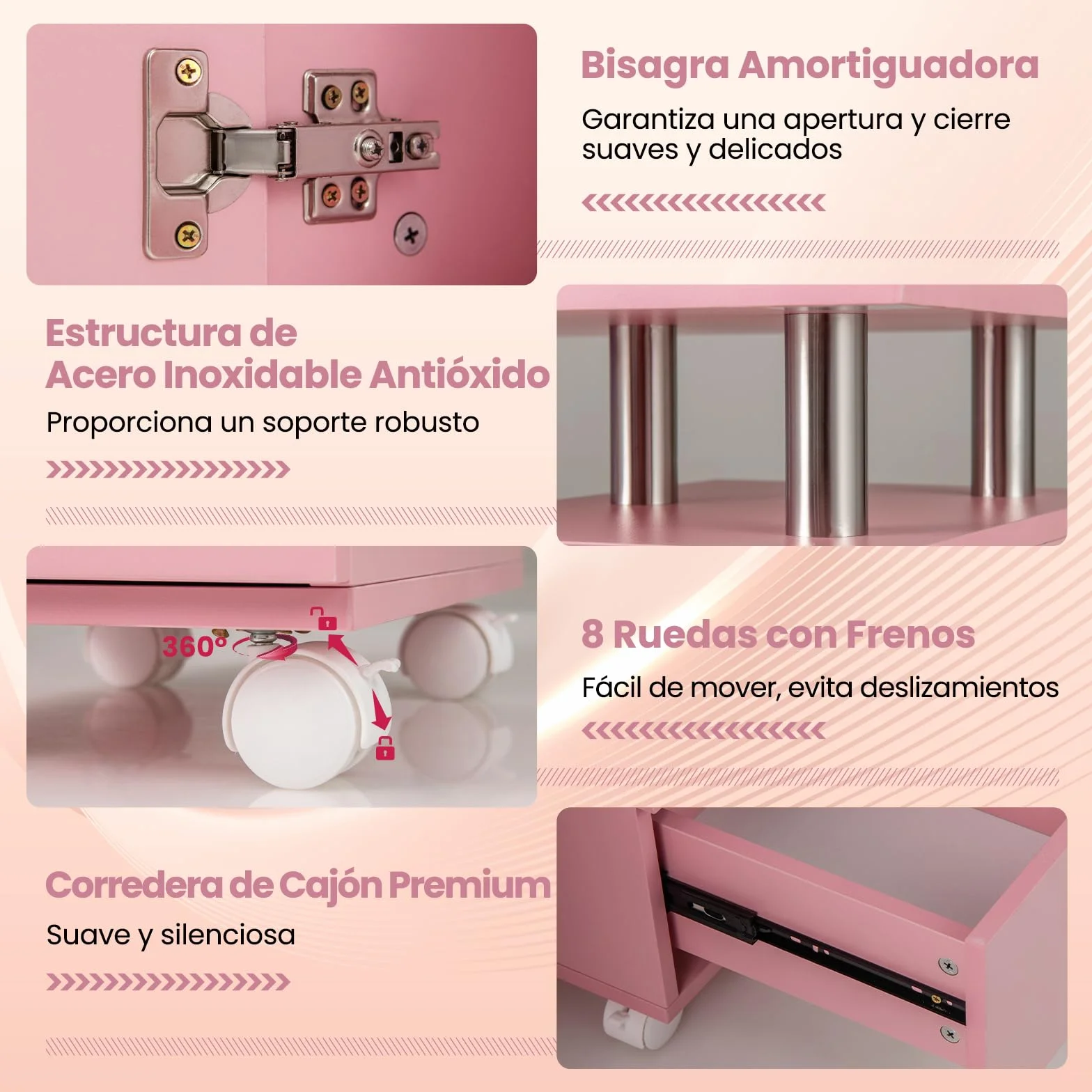 COSTWAY Mesa de Manicura con Aspirador Eléctrico, 3 Bolsas para Polvo, Reposamuñecas, 6 Cajones, Mesa para Uñas con 8 Ruedas, Mesa Manicura Profesional para Salones de Belleza, 108x45x76 cm (Rosa)