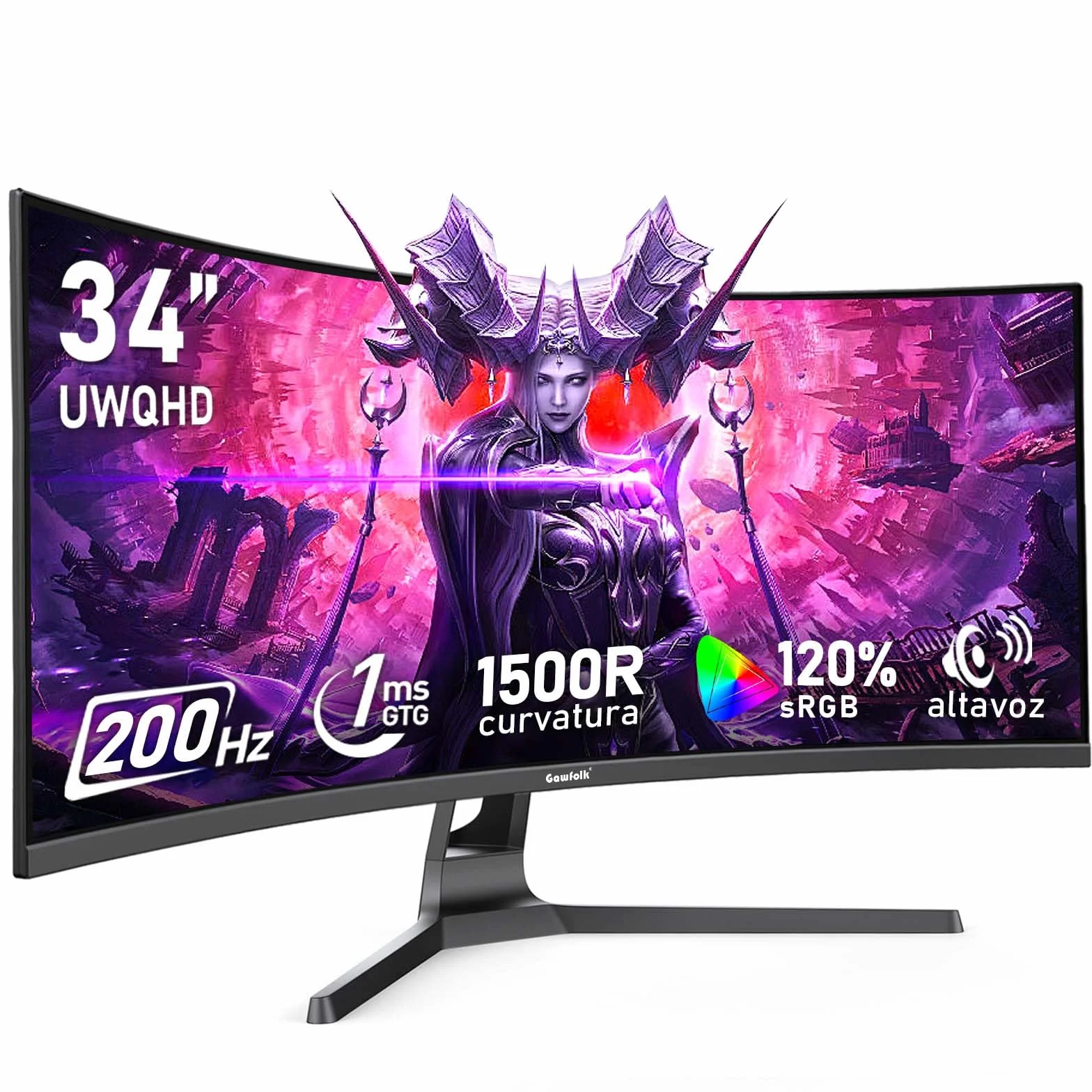 Gawfolk Monitor Curvo Ultrawide 34 Pulgadas 200Hz UWQHD 3440x1440 1500R 120% sRGB Adaptive Sync Altavoces Integrados HDMI DisplayPort Montaje en Pared Negro