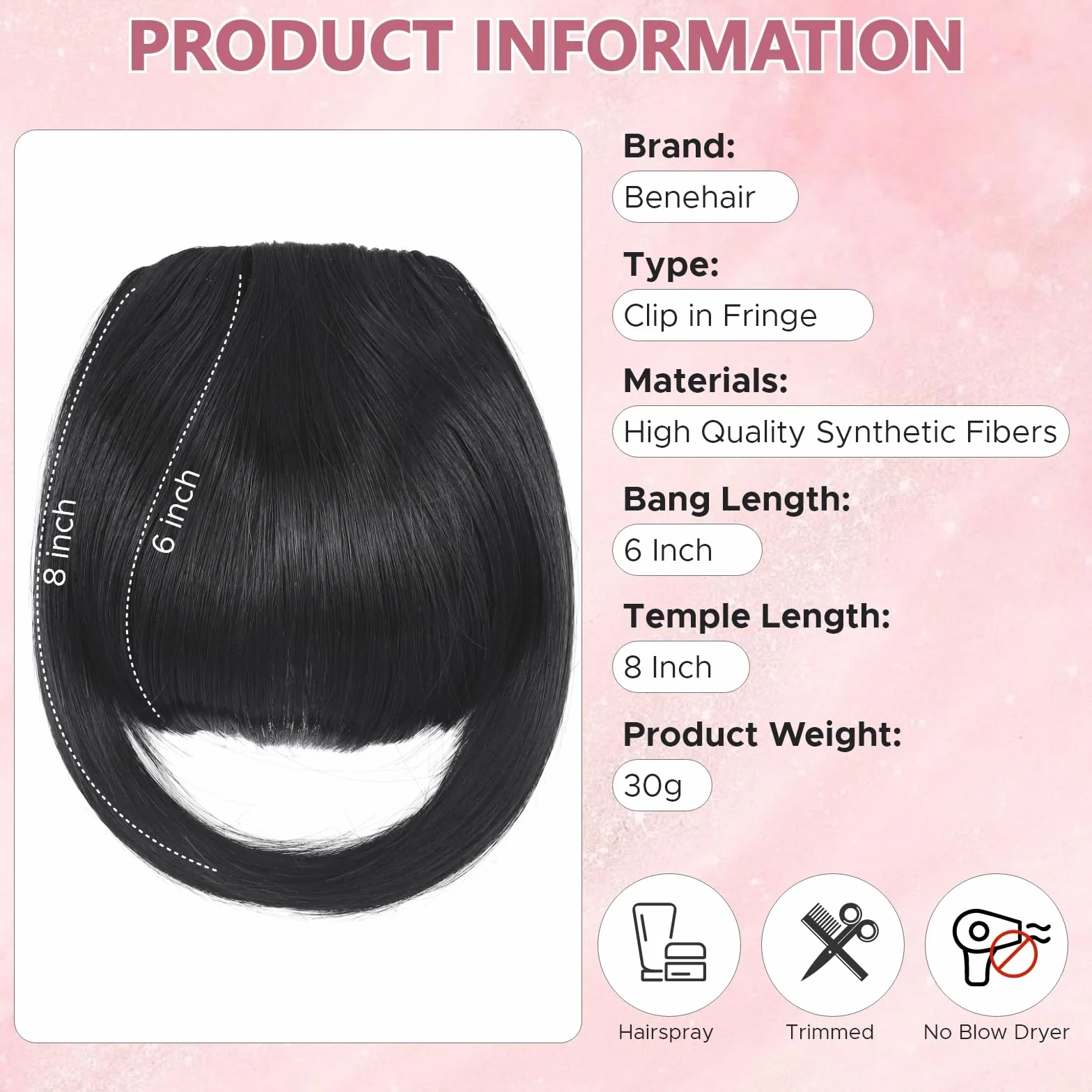 Benehair Flequillo Postizo Pelo Natural Clip Invisible 30g Negro