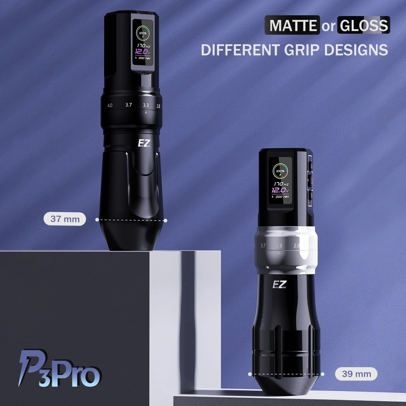 EZ Maquina Tatuar - 6 Strokes 2.0, 2.4, 2.8, 3.3, 3.7, 4.2mm Bluetooth Máquina de Tatuar Inalámbrica con Pantalla Digital OLED Batería de 1600 mAh Tattoo Gun (P3 Pro Negro Brillante)