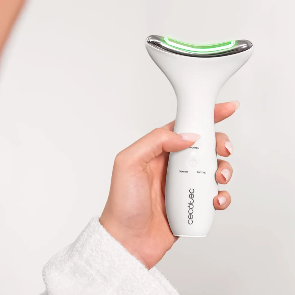 Cecotec Tonificador Facial Eléctrico FaceCare Face&Neck Pro, 3 Modos, Luz LED Roja Azul Verde, 5 Niveles EMS, IPX6