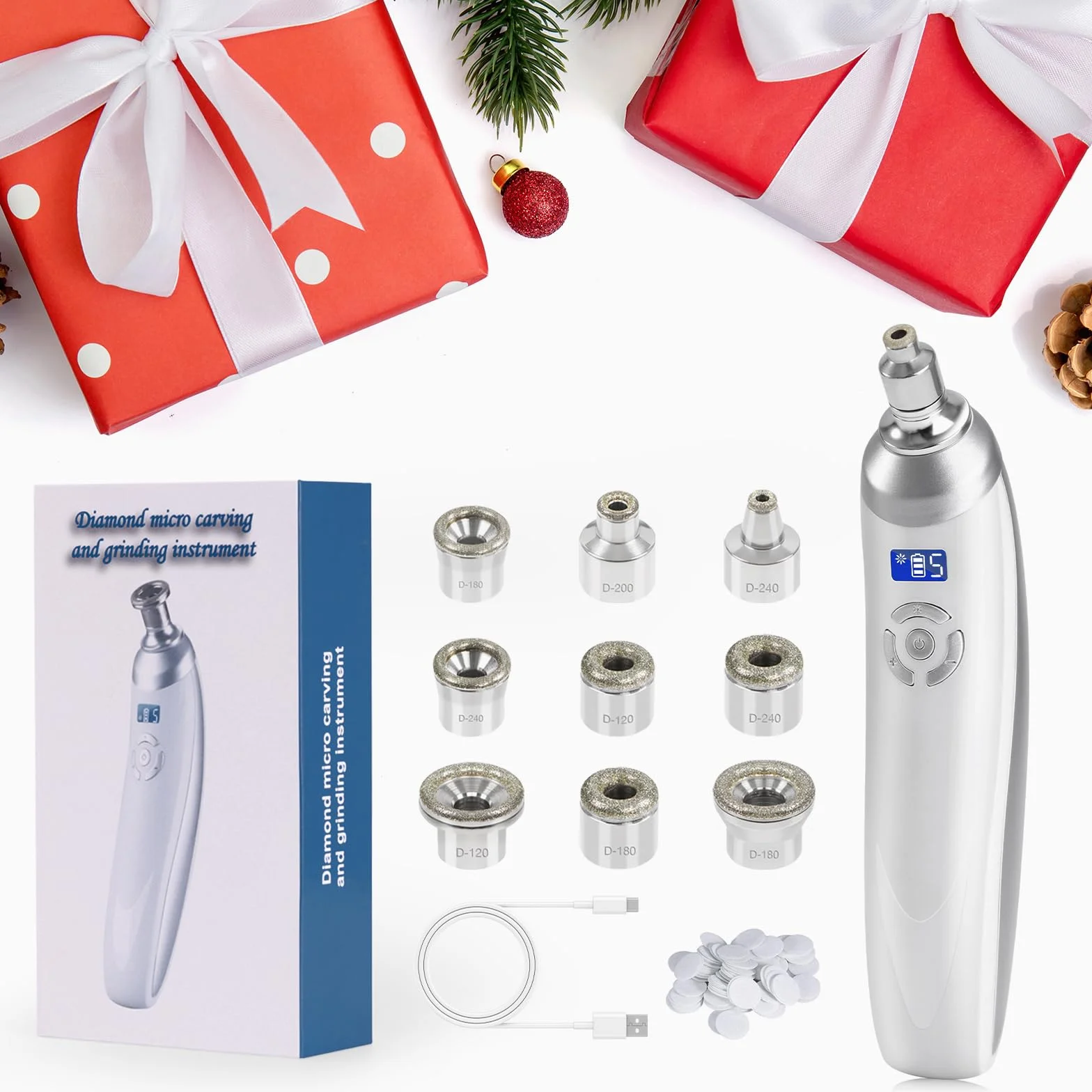 Maquina de Microdermoabrasión Profesional 2 en 1, Portátil con 9 Puntas de Diamante, Recargable USB Sin Cable