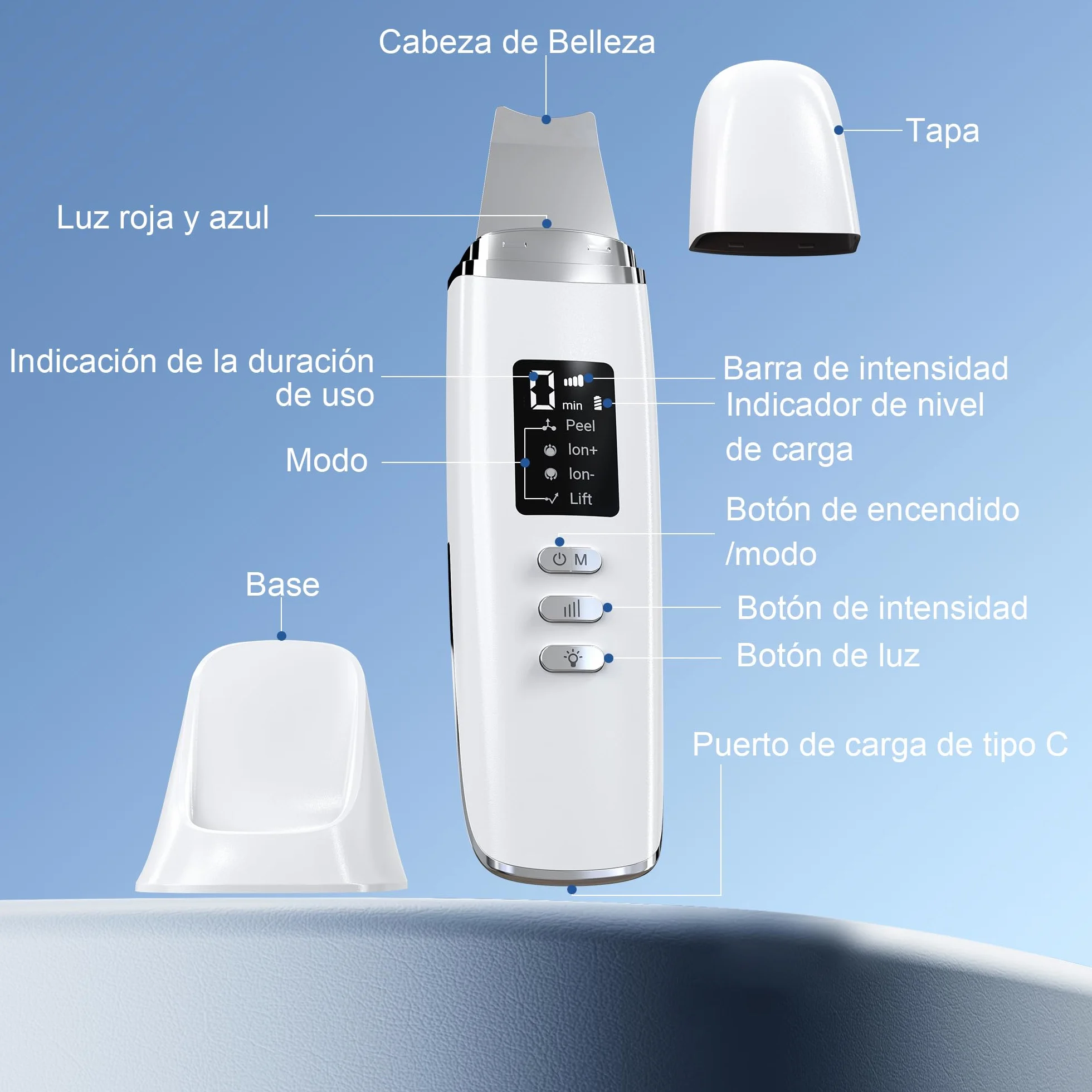 Peeling Ultrasónico Facial, Limpiador Ultrasonidos con 4 Modos e Intensidad Ajustable, Luz Roja y Azul, Skin Scrubber