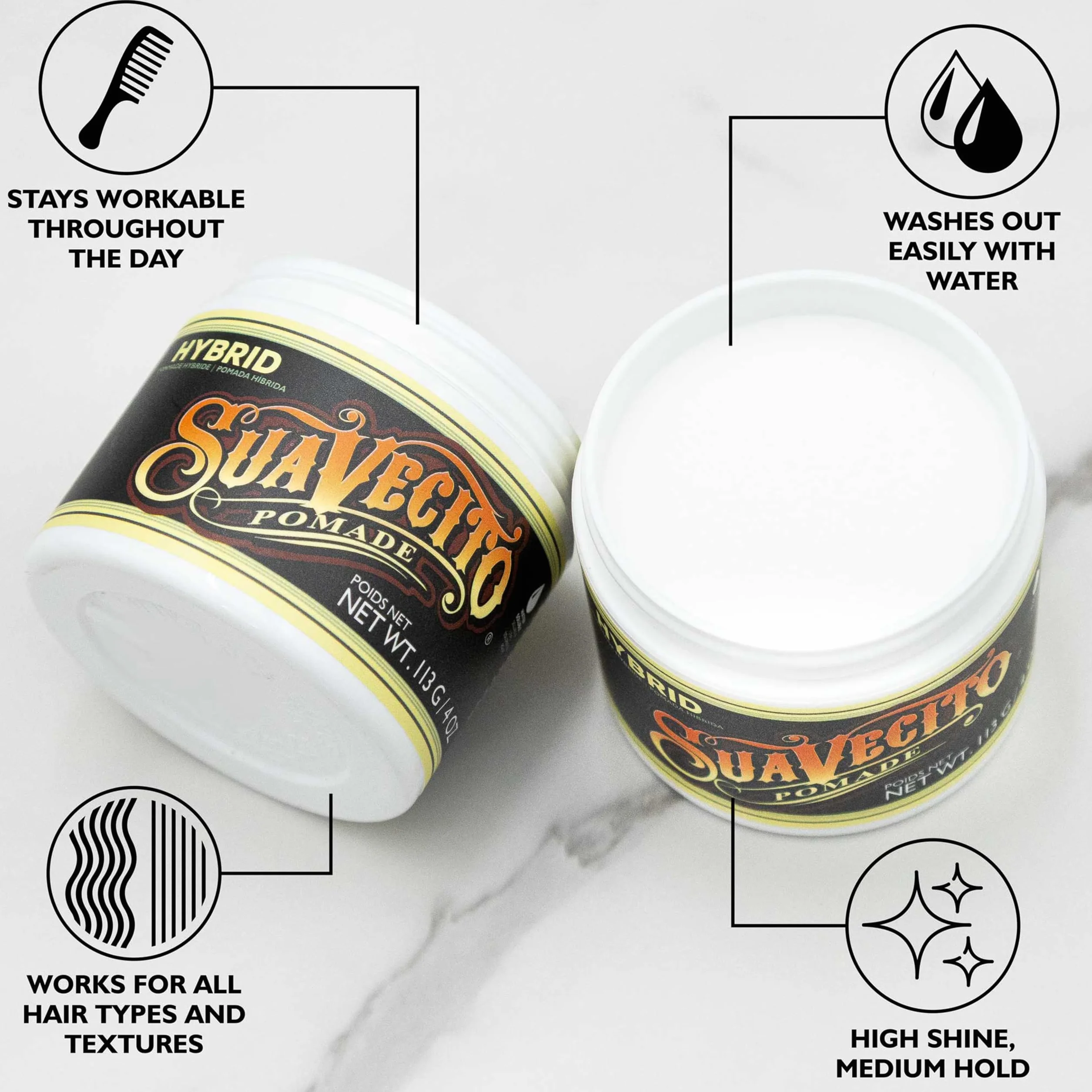 Suavecito Pomada Híbrida para Hombres, Agarre Medio, Alto Brillo, 4oz
