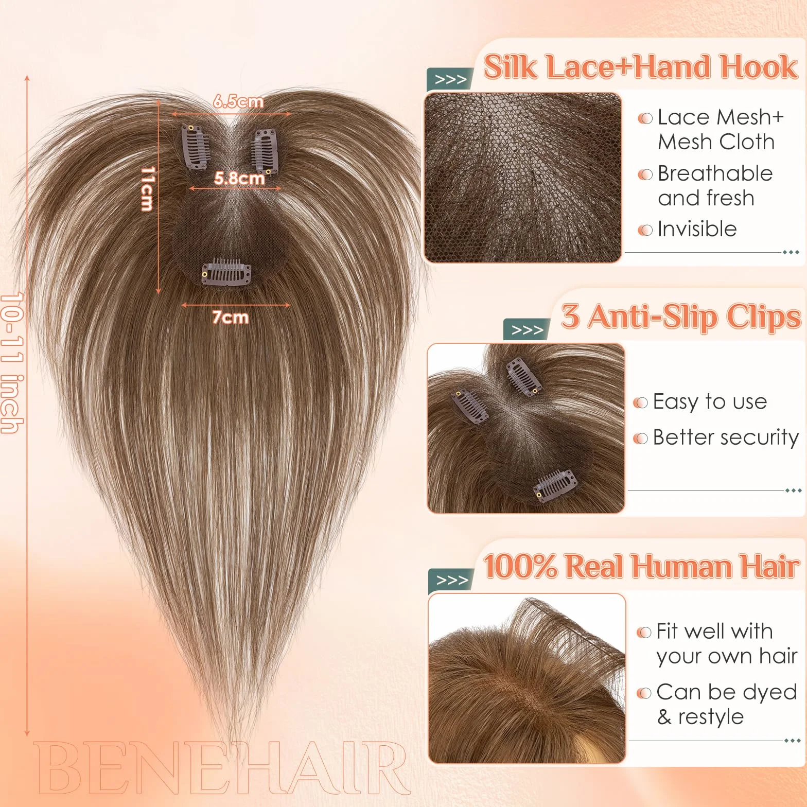 Benehair Toppers de Cabello Real con Flequillo Lateral, 14g Pelo Humano con Flequillo Lateral, Topper de Cabello Real Decuado para Pelo Fino, 7x11 CM Base de Encaje, 28CM Marrón Oscuro #4