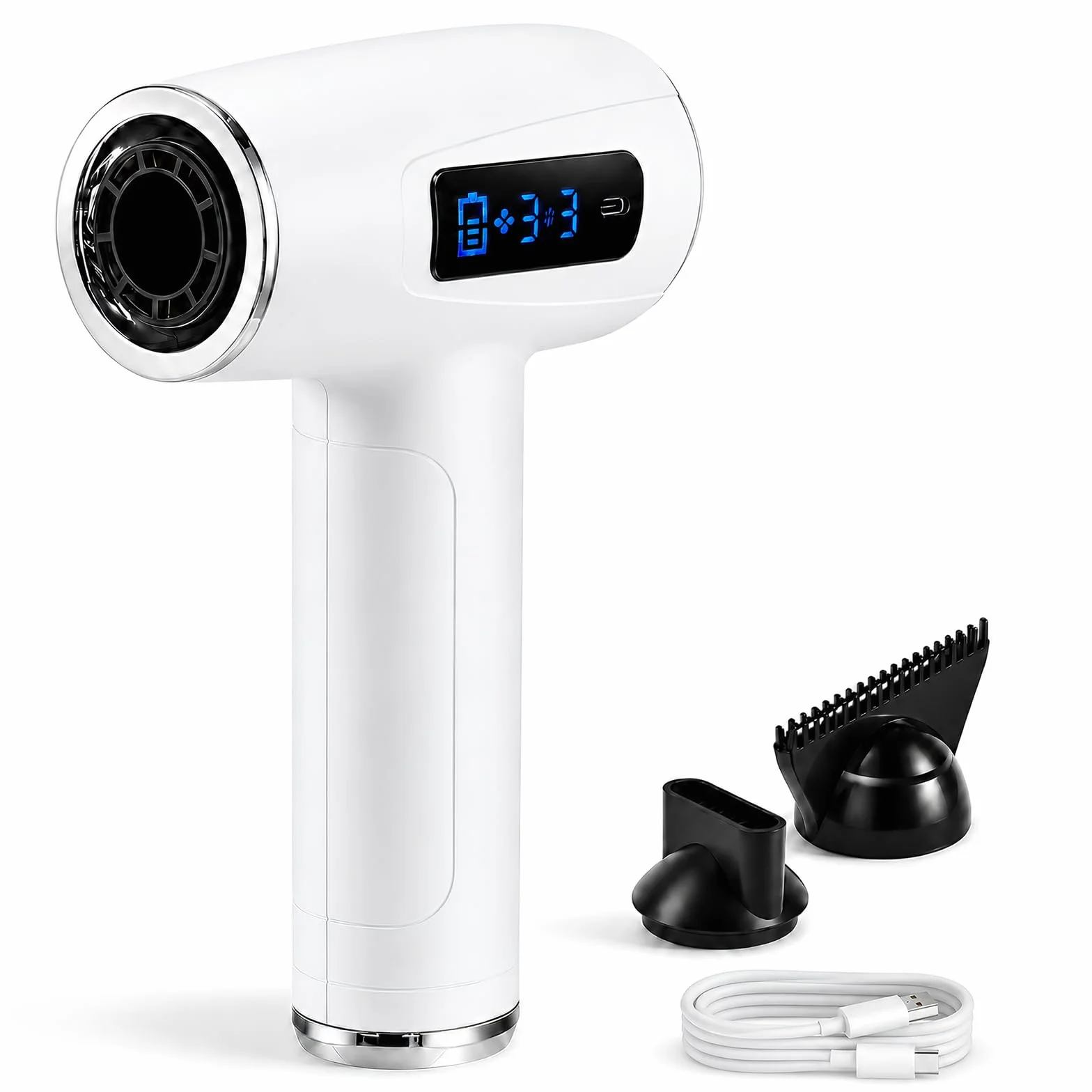 Secador de pelo inalámbrico con batería de 300 W, 9 velocidades, secador de pelo portátil con pantalla digital, secador de pelo con batería tipo c para mujeres, camping, blanco