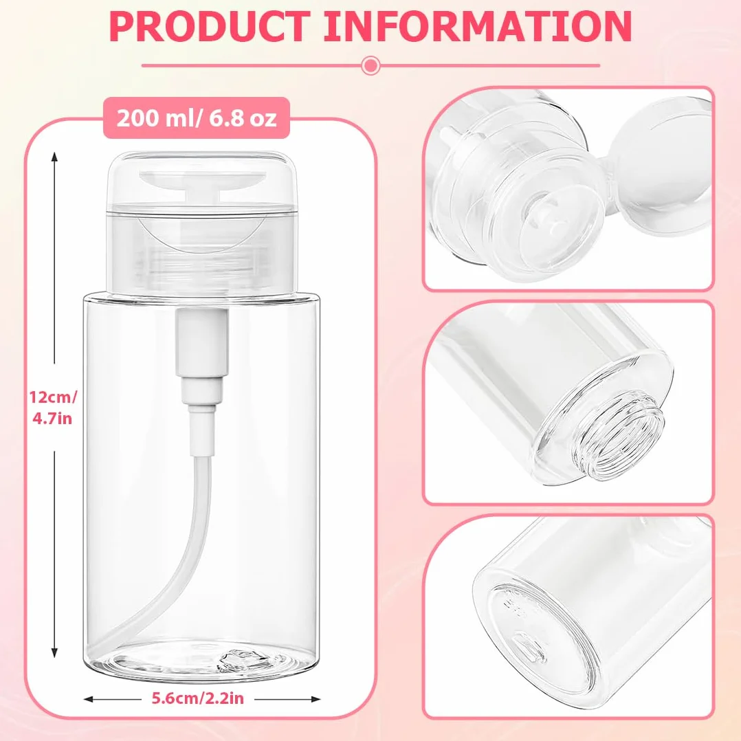 Botellas Dosificadoras 2x200ml +100pcs Almohadillas para Limpiar Uñas, Dispensador con Bomba para Líquidos Cosméticos