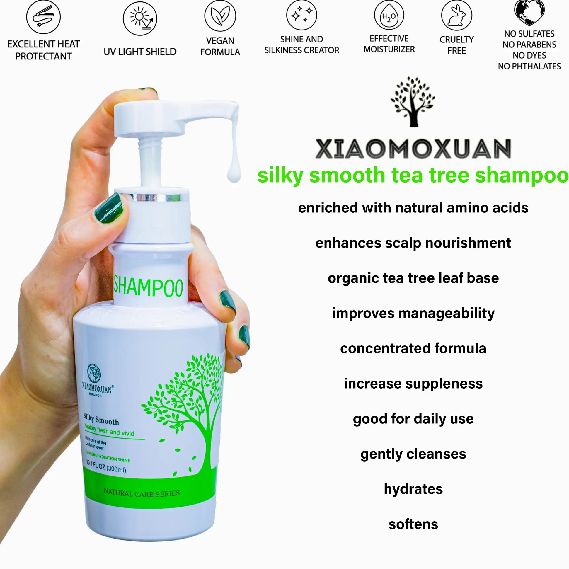 Xiaomoxuan Champú hidratante con aceite de árbol de té orgánico para todo tipo de cabello, limpieza profunda para cuero cabelludo seco, picazón o graso, fórmula vegana, sin parabenos ni sulfatos, 300