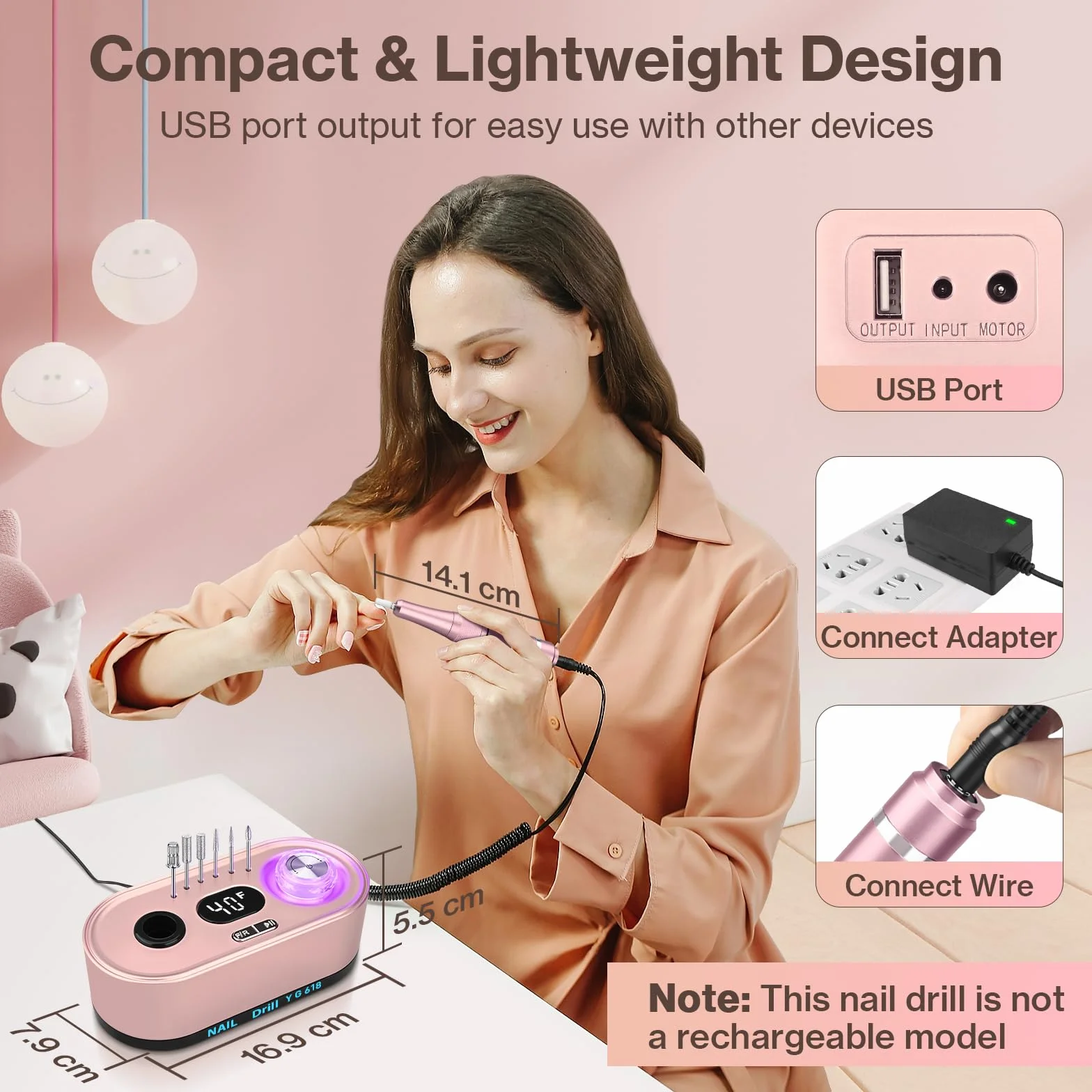 Torno para Uñas,Torno para Uñas Profesional 40000 RPM con 12 Cabezales de Pulido, Pantalla LCD,Control de Botones Iluminados,Silencioso, Lima Electrica Uñas (Rosa)