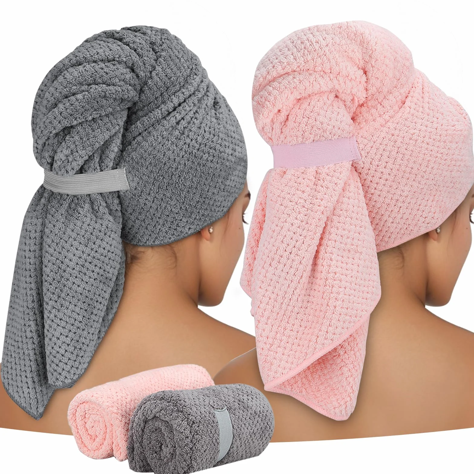 Toallas de Microfibra para Cabello Largo 60x100 cm, Paquete de 2, Turbante Grande, Secado rápido Súper Absorbente