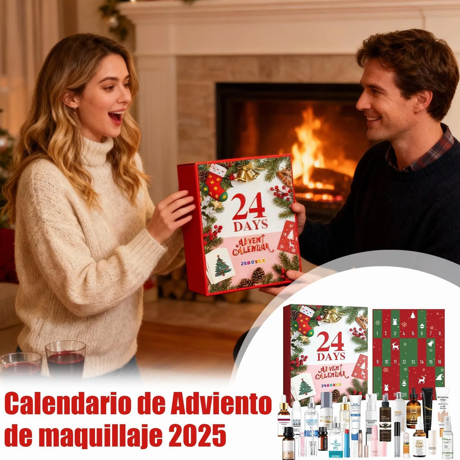 Calendario de Adviento de belleza, calendario de cuenta regresiva de Navidad con 24 cuadrículas para el cuidado de la piel, relleno de calcetines, maquillaje para mujeres, niñas, adolescentes