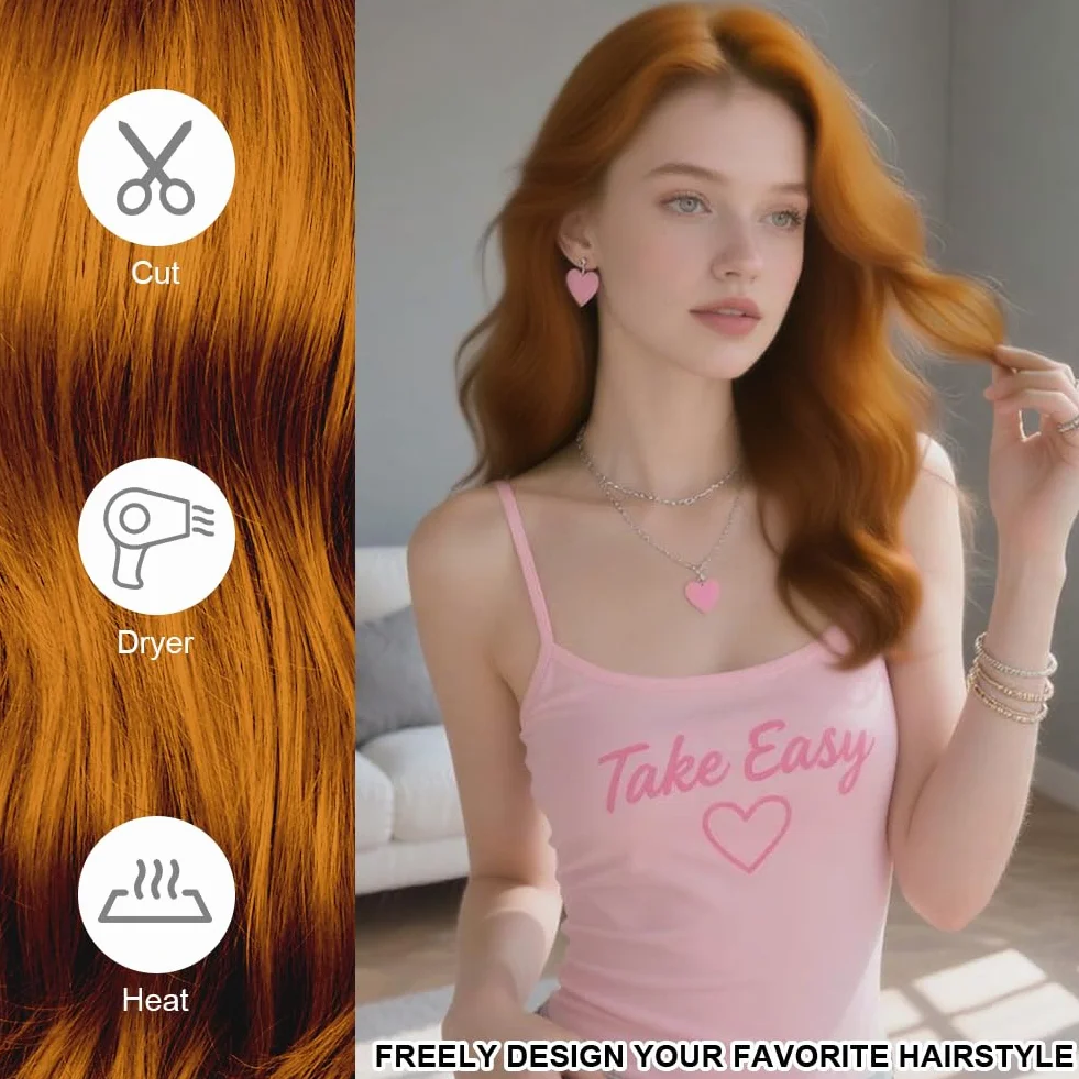 AUYAO Peluca Naranja Larga Onduladas Fibra Resistente Calor para Mujer Cosplay Fiesta