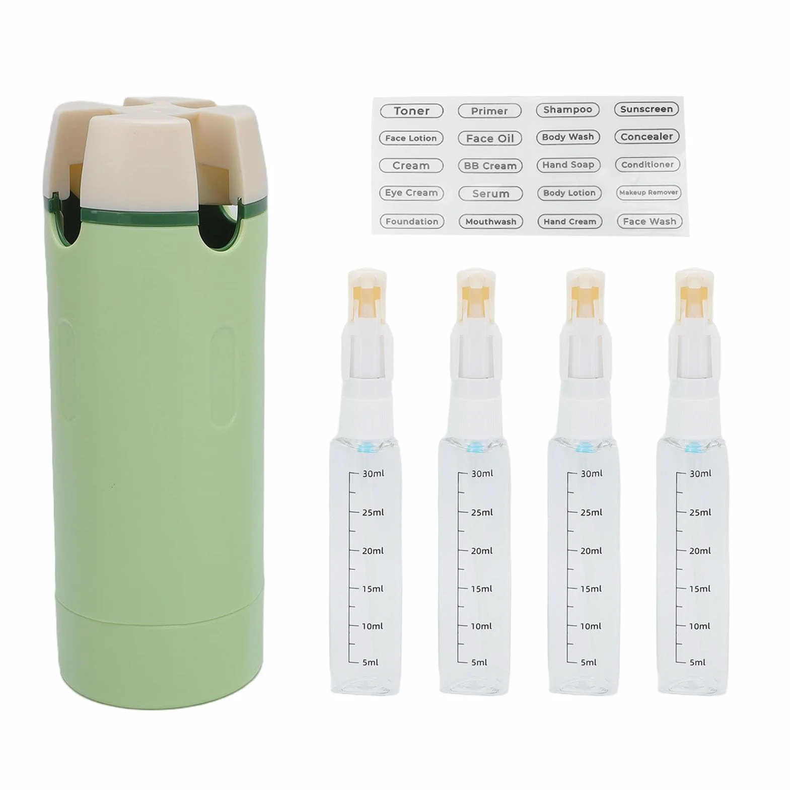 Tosuny Dispensador de Viaje Práctico 4 en 1, Contenedor con Bomba de Cosméticos Portátil a Prueba de Fugas para champú, Loción, Crema, Gimnasio, Vacaciones, ABS Pet (Green)