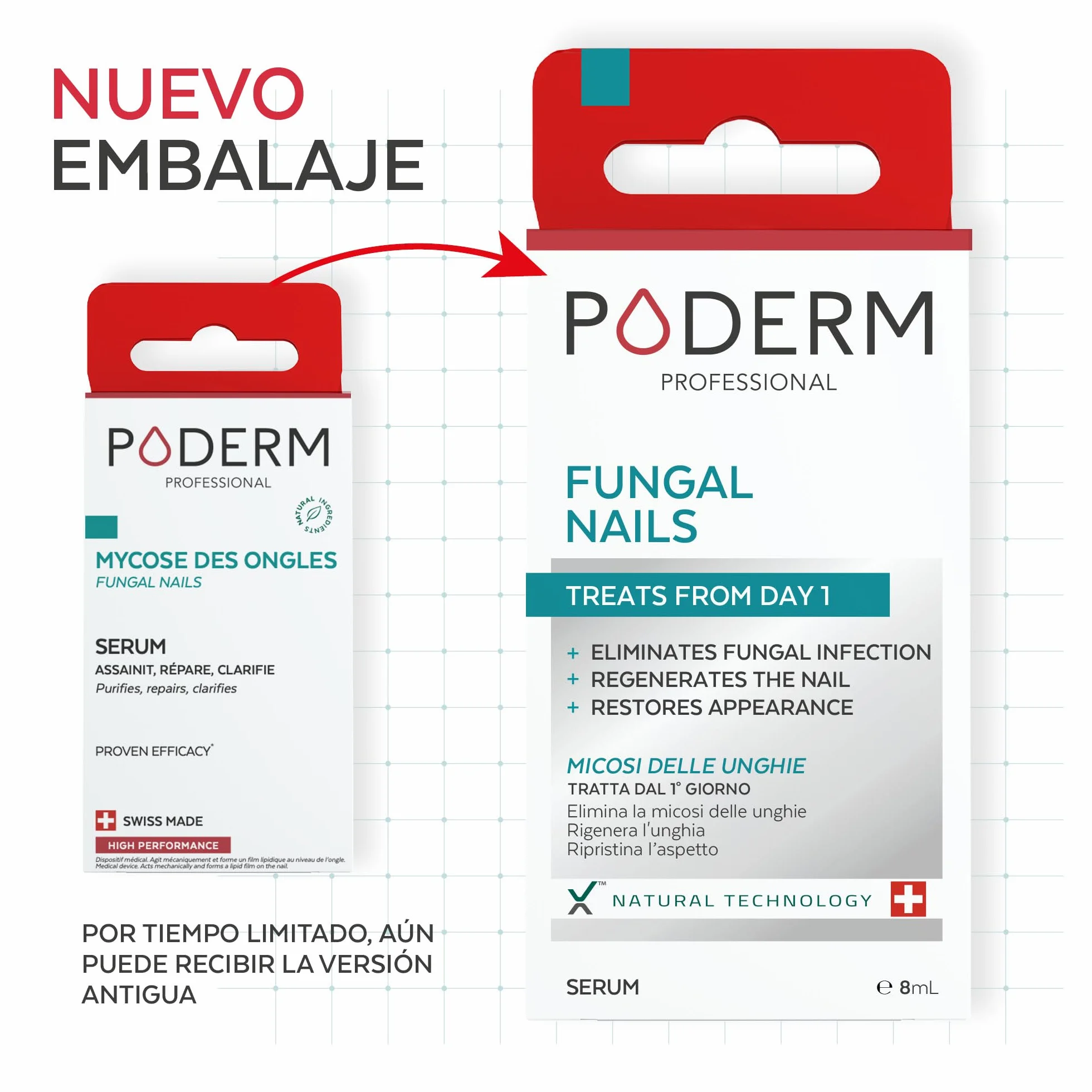 PODERM Tratamiento Hongos Uñas Pies Antihongos Reparador Purificante Revitalizante Cuidado Profesional Pie Mano Hecho en Suiza