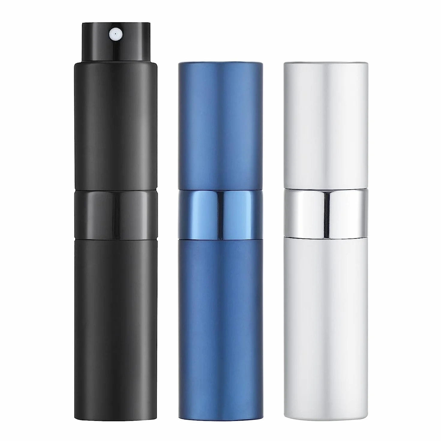 Toureal Atomizador Perfume Recargable 8ml Miniatura Pulverizador Portátil 3PCS Negro Azul Plata