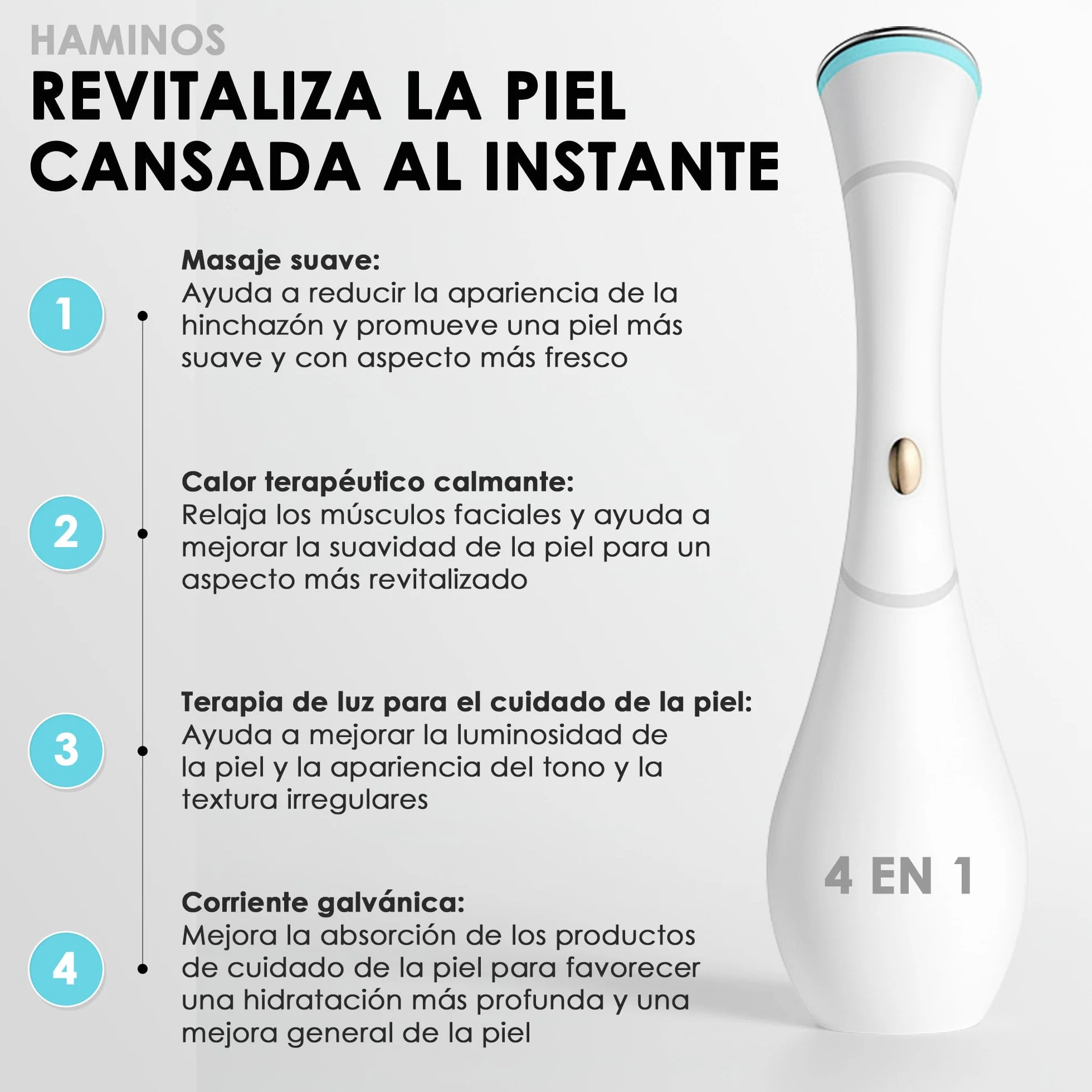 HAMINOS Masajeador Facial 4 en 1 con Calor, Vibración, Luz Roja y Azul, Función Iónica Galvánica, Recargable USB-C