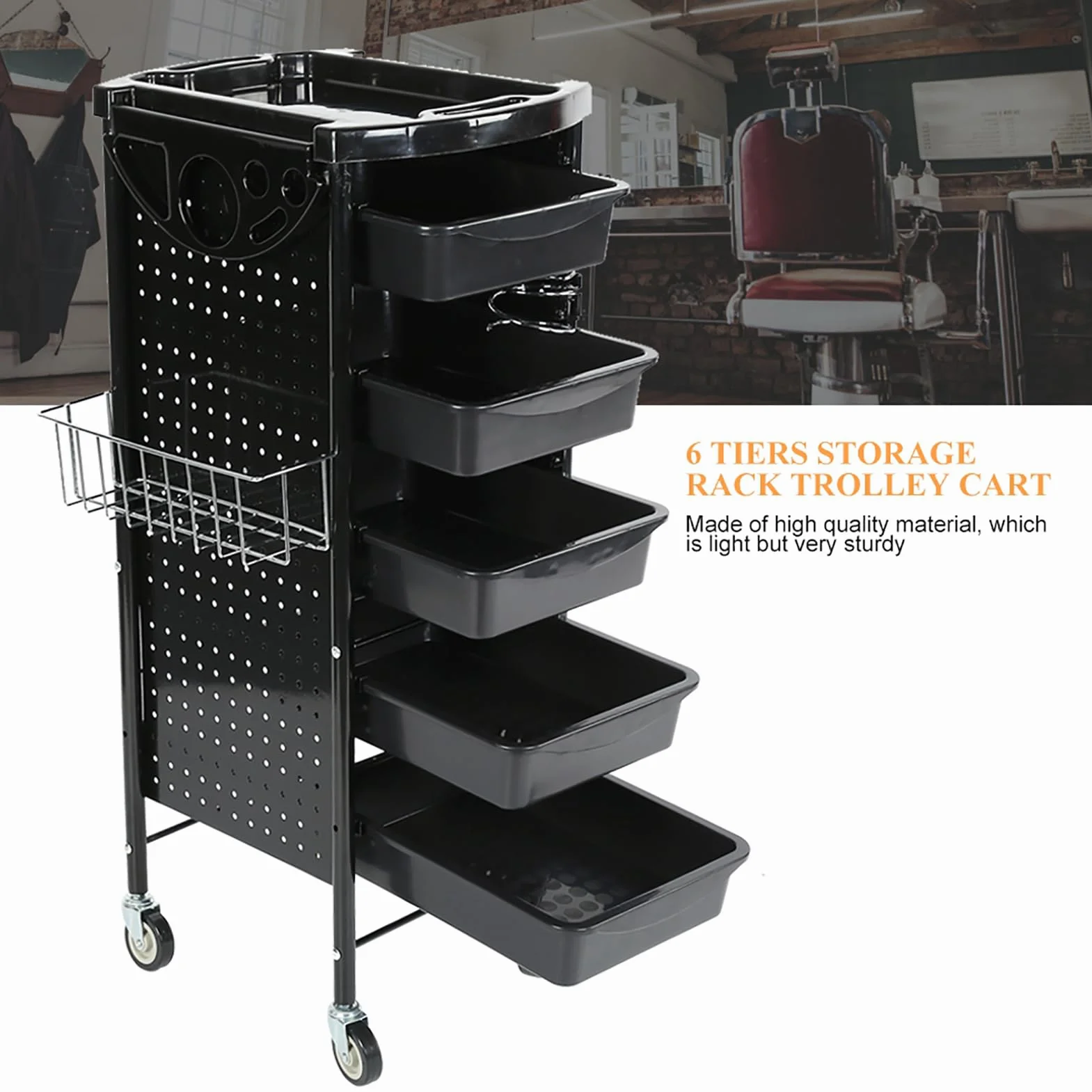 Carrito de Peluquería con Ruedas de 6 Niveles Ajustable, Almacenamiento de Tubos de Hierro Negro