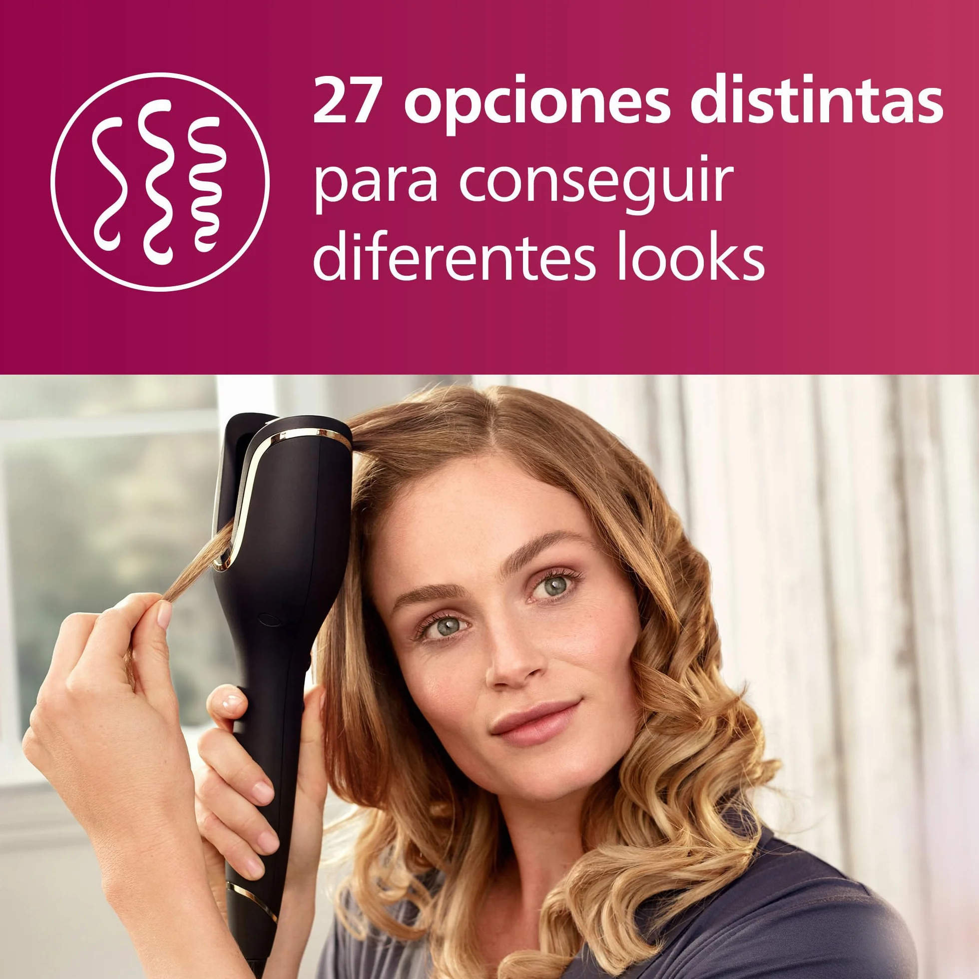 Philips Rizador de Pelo Automatico, con Tecnologia Moisture Protect, Iones, Placas Ceramicas con Keratina, 27 opciones de rizado, BHB876/00, Negro