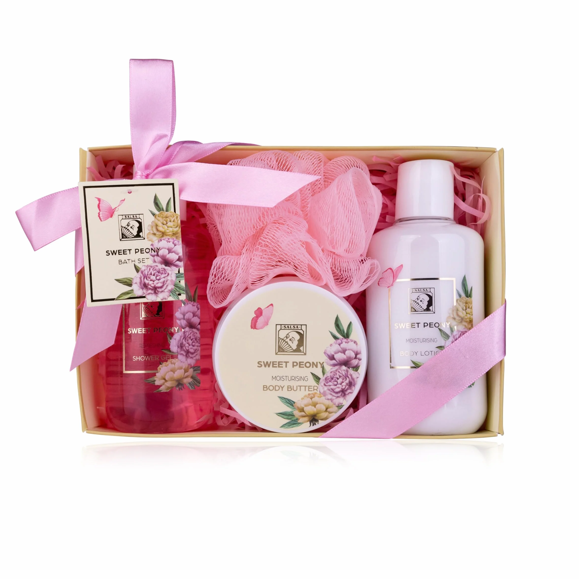 Accentra Set de Regalo SWEET PEONY 4 Piezas Gel de Ducha Loción Corporal Manteca Corporal Esponja