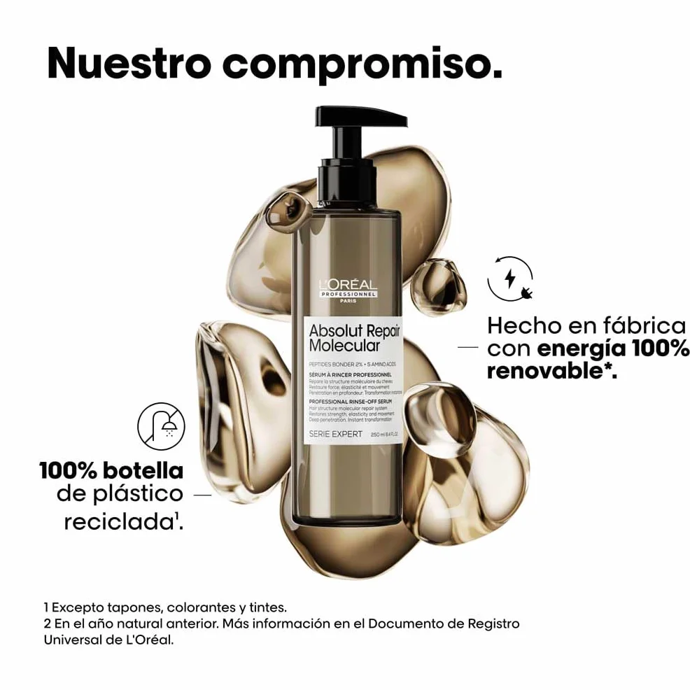 L’Oréal Professionnel, Tratamiento Molecular Instantáneo, Sérum Pelo Seco y Dañado con Aclarado, Sin Sulfatos, Repara Daños y Fortalece el Cabello, Fórmula Patentada, Absolut Repair Molecular, 250ml