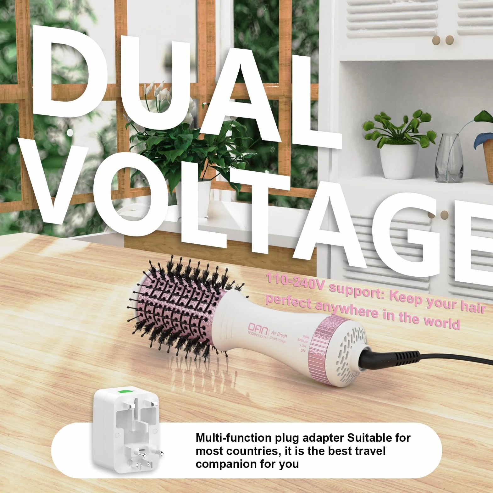 DAN - Cepillo secador de pelo de doble voltaje (100 V-240 V), cepillo secador de pelo de viaje con adaptador de enchufe multifunción, cepillo secador de un paso y voluminizador estilizador