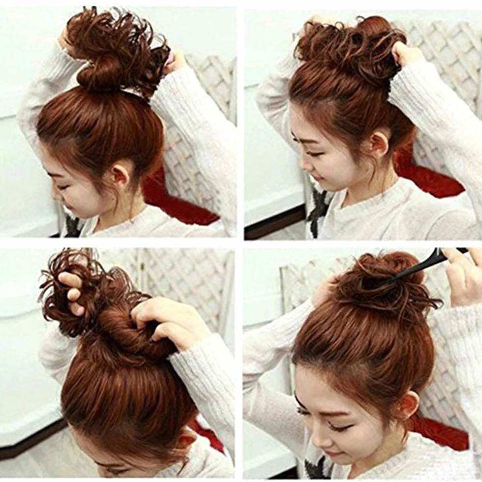 Moño Postizo de Pelo Natural Marrón Claro Rizado Desordenado 30 g para Mujeres