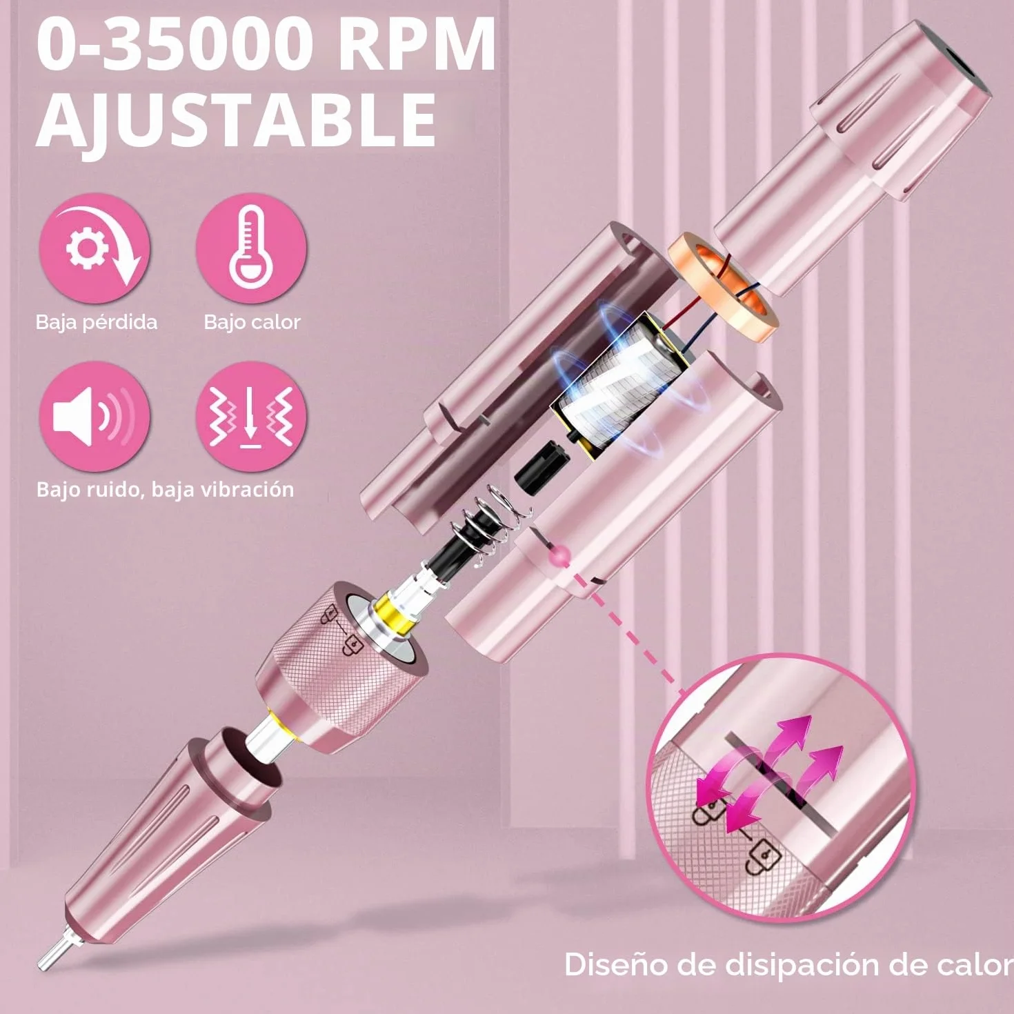 Torno para Uñas Profesional 35000 RPM, Autonomía 20H Lima Eléctrica Inalámbrica para Uñas de Gel y Acrílico, Kit con 13 Brocas y 56 Bandas de Lija, Pantalla LCD, Rosa (S506)