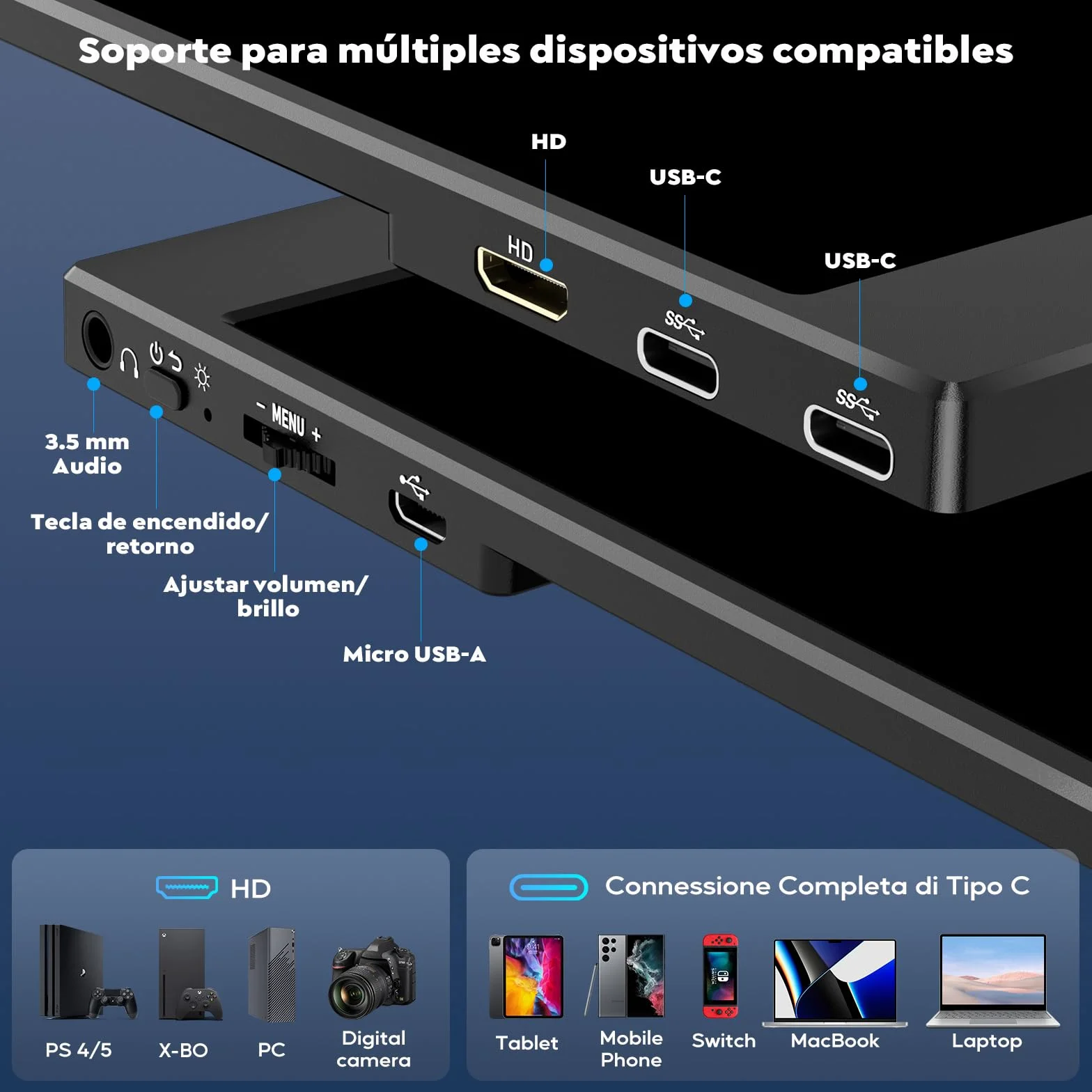 HONGO Monitor Portátil IPS FHD 15.6" 1920x1080P HDR USB-C Portátil para Laptop PC Mac PS4/5