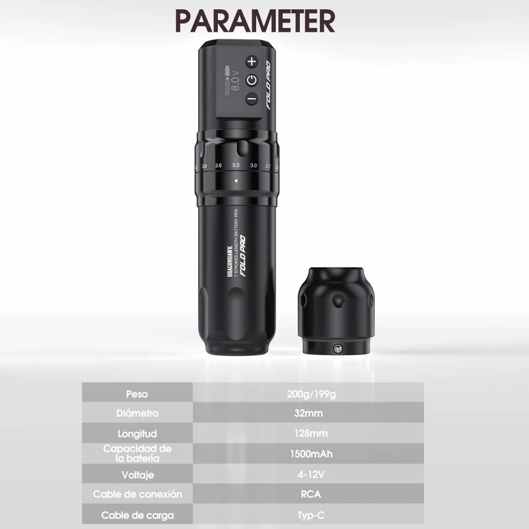 Dragonhawk Fold Pro Máquina de tatuar inalámbrica Bolígrafo con batería de 7 carreras 2.4-4.2mm, 2pcs batería de 1500mAh para tatuadores profesionales