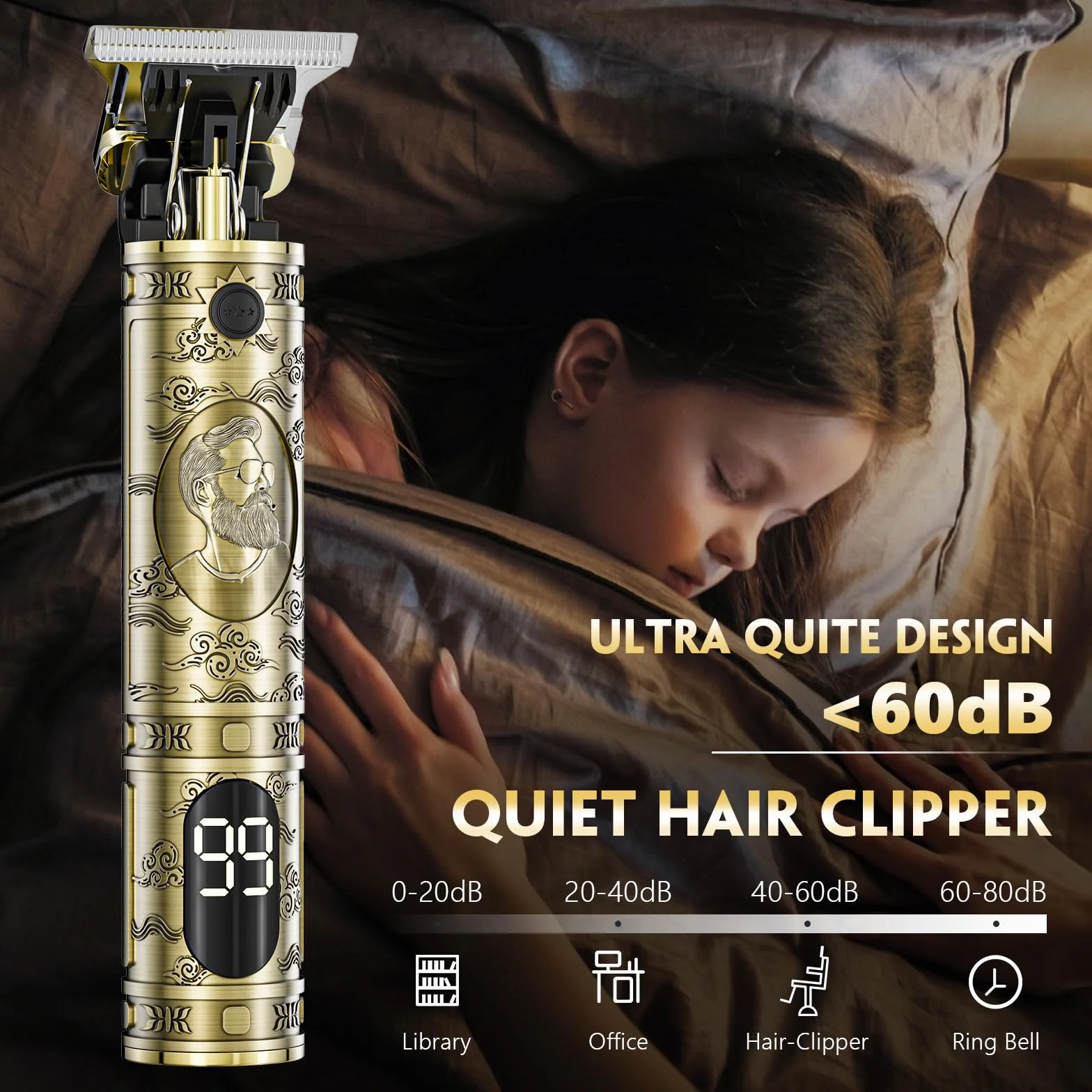 Maquina de Cortar Pelo Hombre Electrica LED Cortapelos Recortar Barba Sin Cable Maquinilla de Afeitar (Bronce)