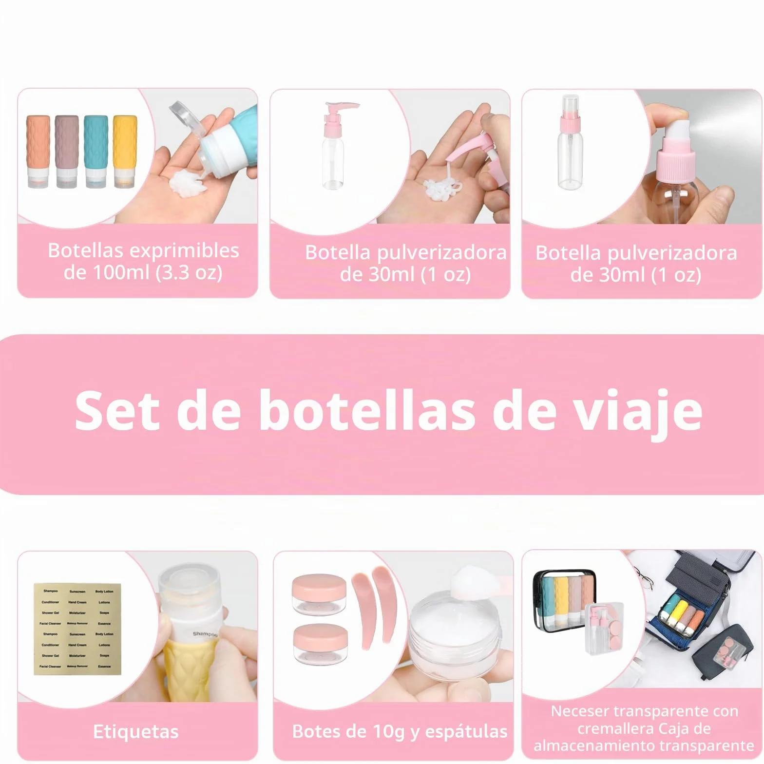 Botes Viaje Rellenables 100ml, Juego de Botellas Silicona a Prueba de Fugas, Kit Higiene sin BPA