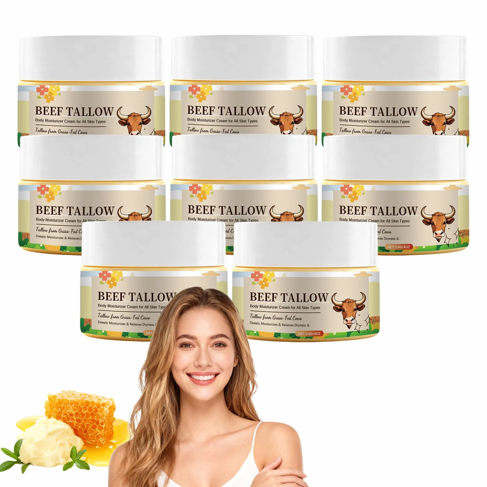 Beef Tallow & Miel Crema, Crema Hidratante de Sebo para Cara y Cuerpo, Hidratación Profunda para Piel Seca y Sensible, Bálsamo de Absorción Rápida, Piel Suave y Lisa (8pc)