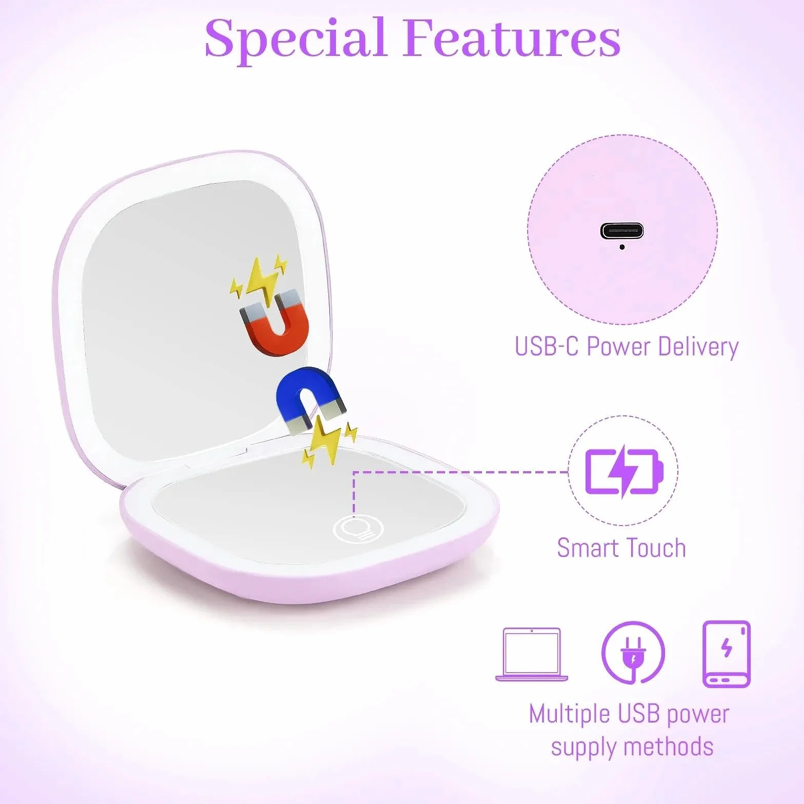 Collazoey LED Espejo de Maquillaje 1X/10X Aumentos USB Recargable 3 Luces Ajustable Plegable Portátil Viaje Morado