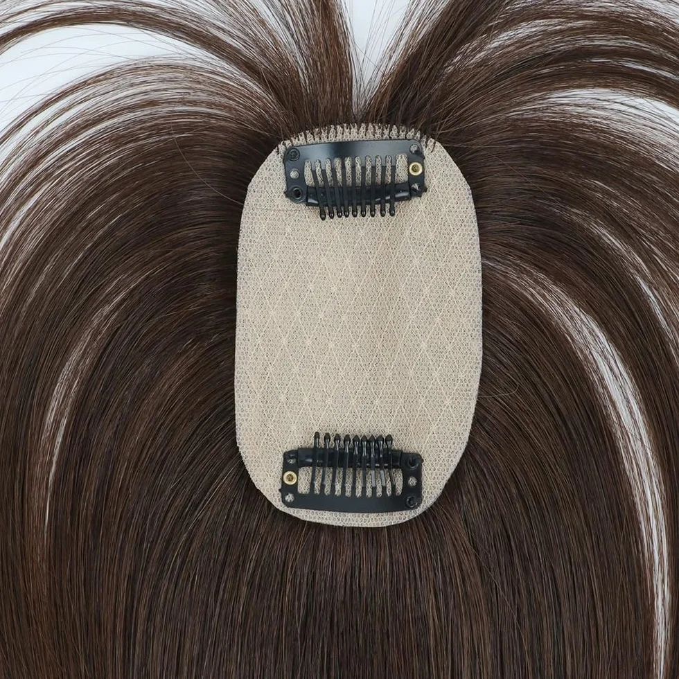 Topper para cabello humano para mujeres con cabello adelgazado, flequillo de cobertura 3D de 360°, base de seda 5 x 9 cm, mechones de densidad 150 extensiones de cabello (8 pulgadas, gris)