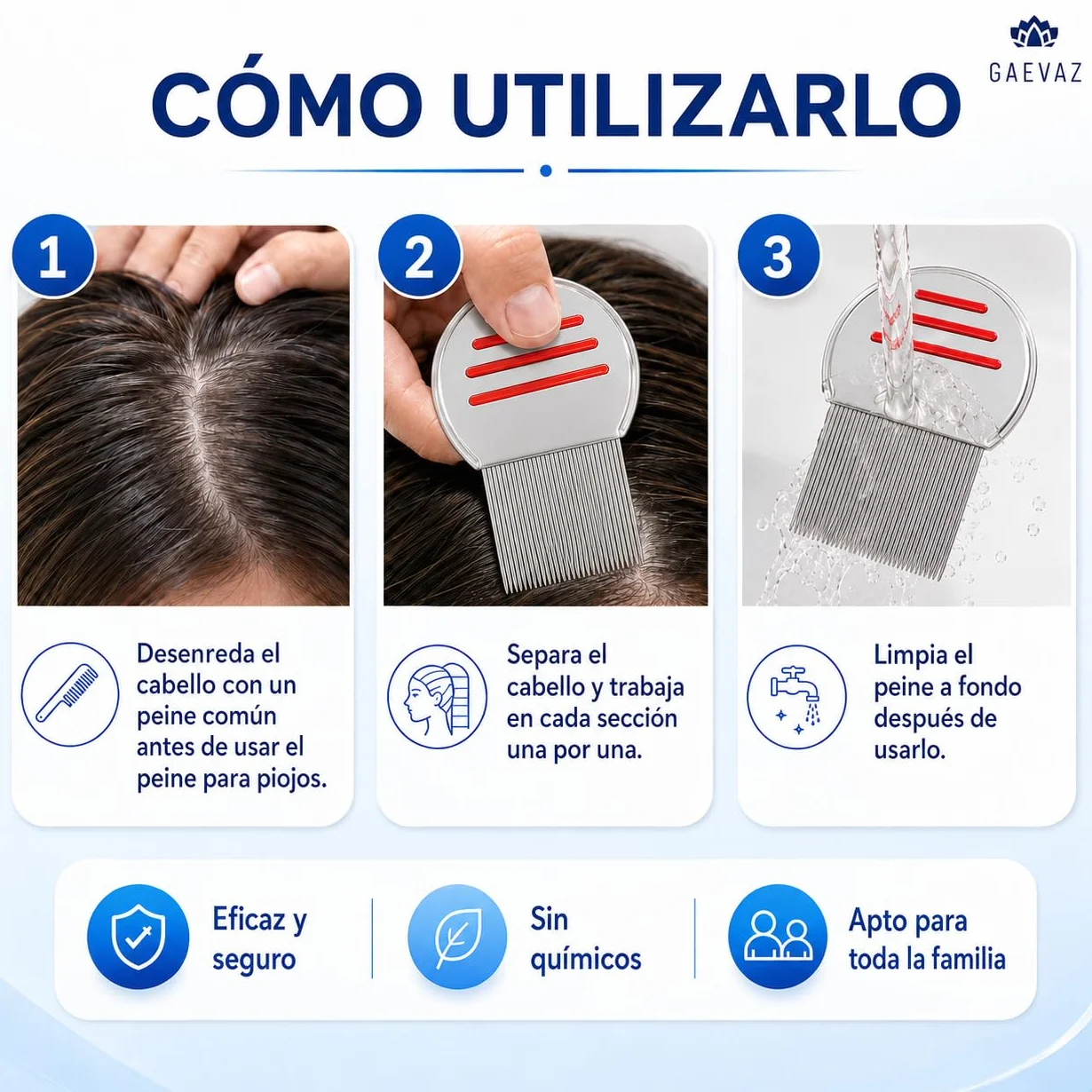 Peine para Piojos de Acero Inoxidable con Dientes Doble Acanalados – Seguro para Niños y Adultos