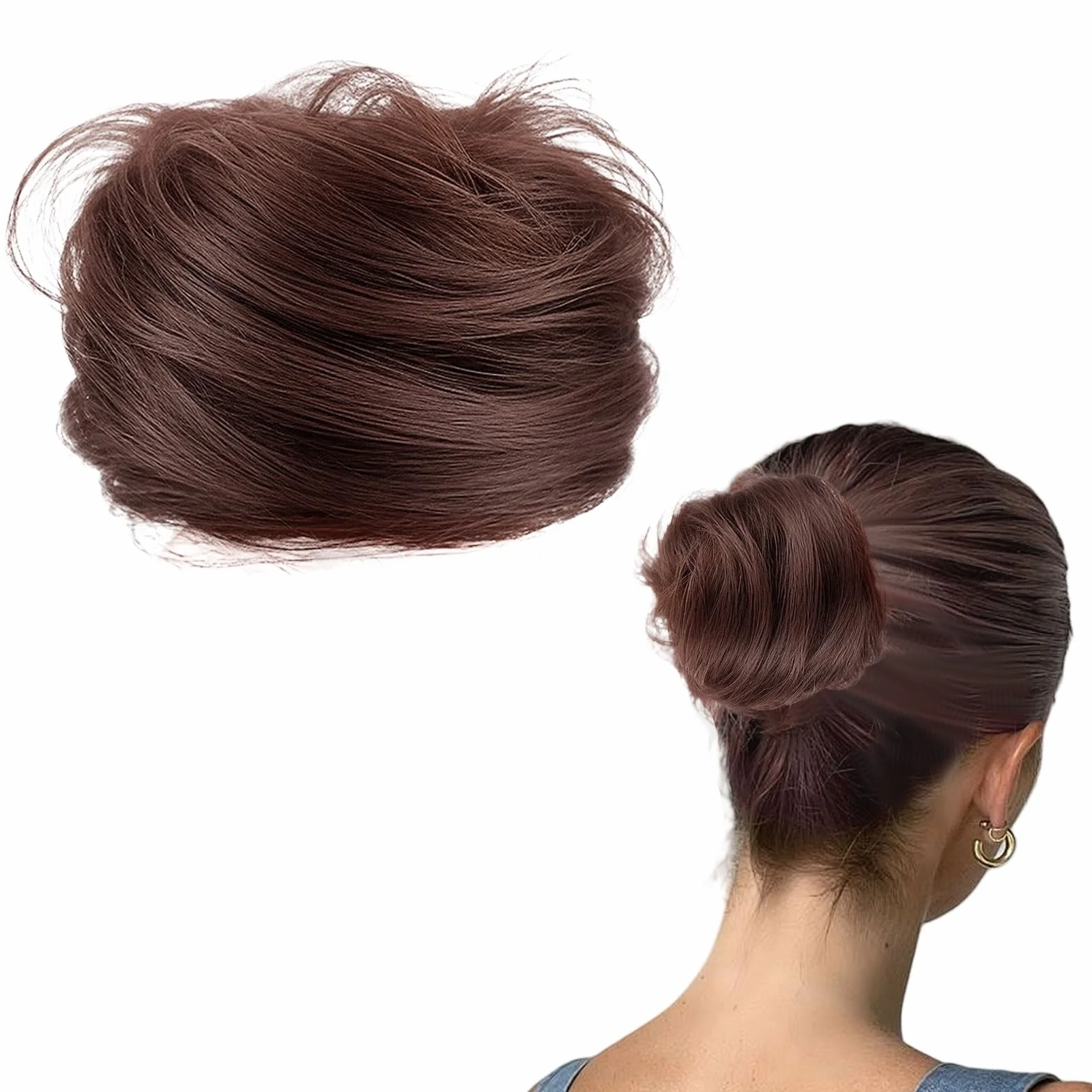 Coletero con goma para pelo moño fino falso postizo real mujeres extensiones bodas fiestas uso diario marrón oscuro