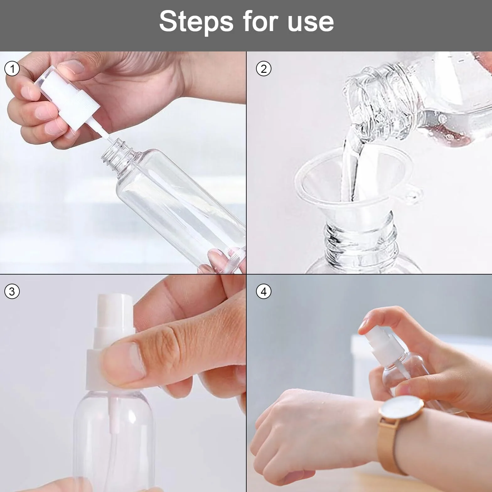 Botella de spray vacía 10 piezas 100 ml pulverizador perfume champú con embudos goteros etiqueta