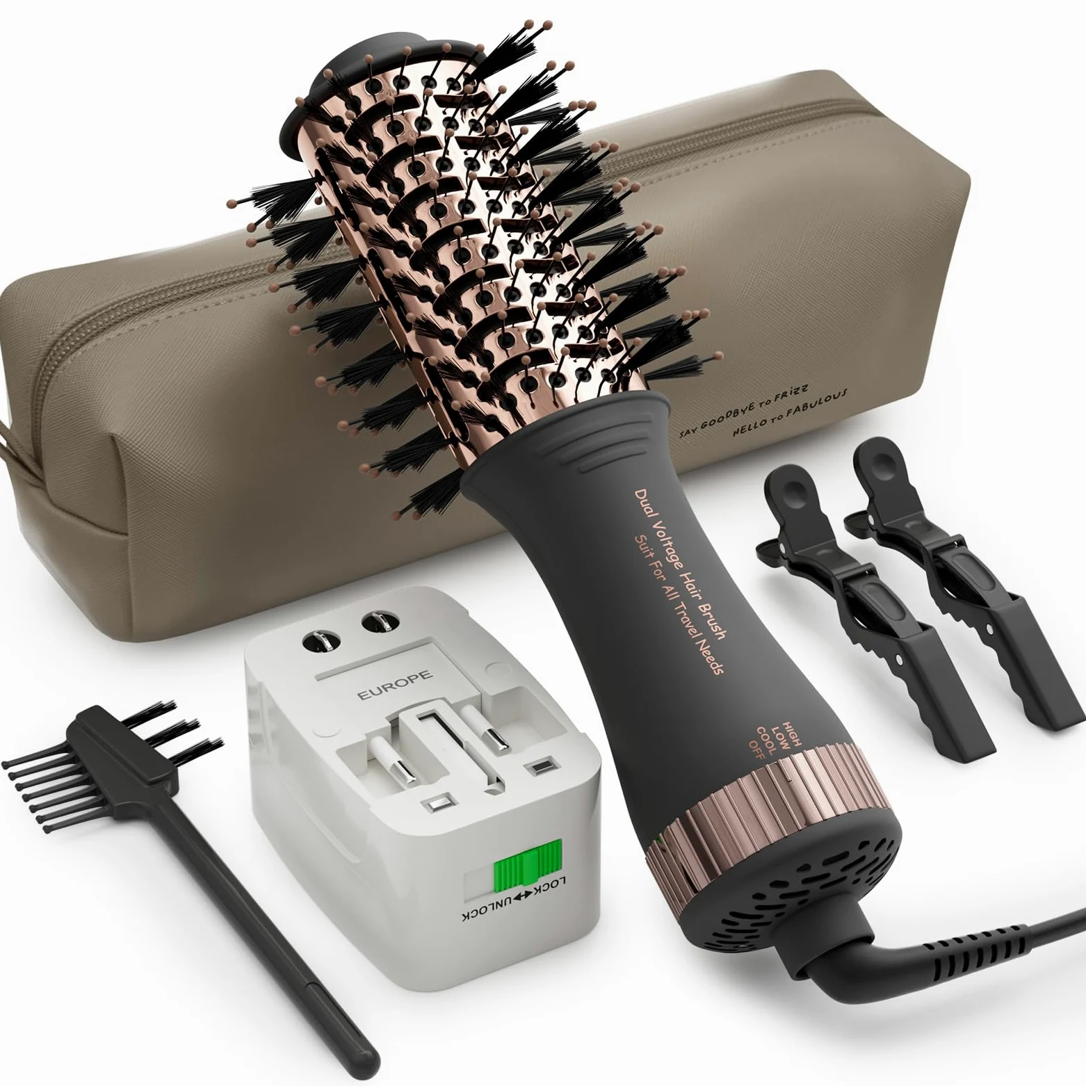 Cepillo secador de pelo de doble voltaje en uno, cepillo de aire caliente de forma ovalada de 2 pulgadas, herramientas de viaje para el cabello/voluminizador/alisador/rizador, cepillo europeo de