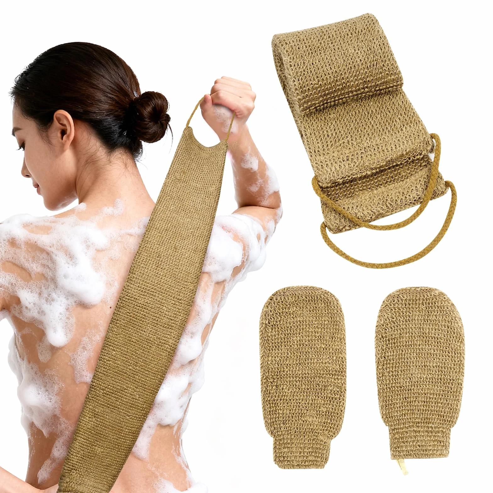 LOPHE Guantes Exfoliantes de Yute 2pcs Manopla Exfoliante 1pc Correa Espalda Ducha 3 en 1 Eliminar Piel Muerta
