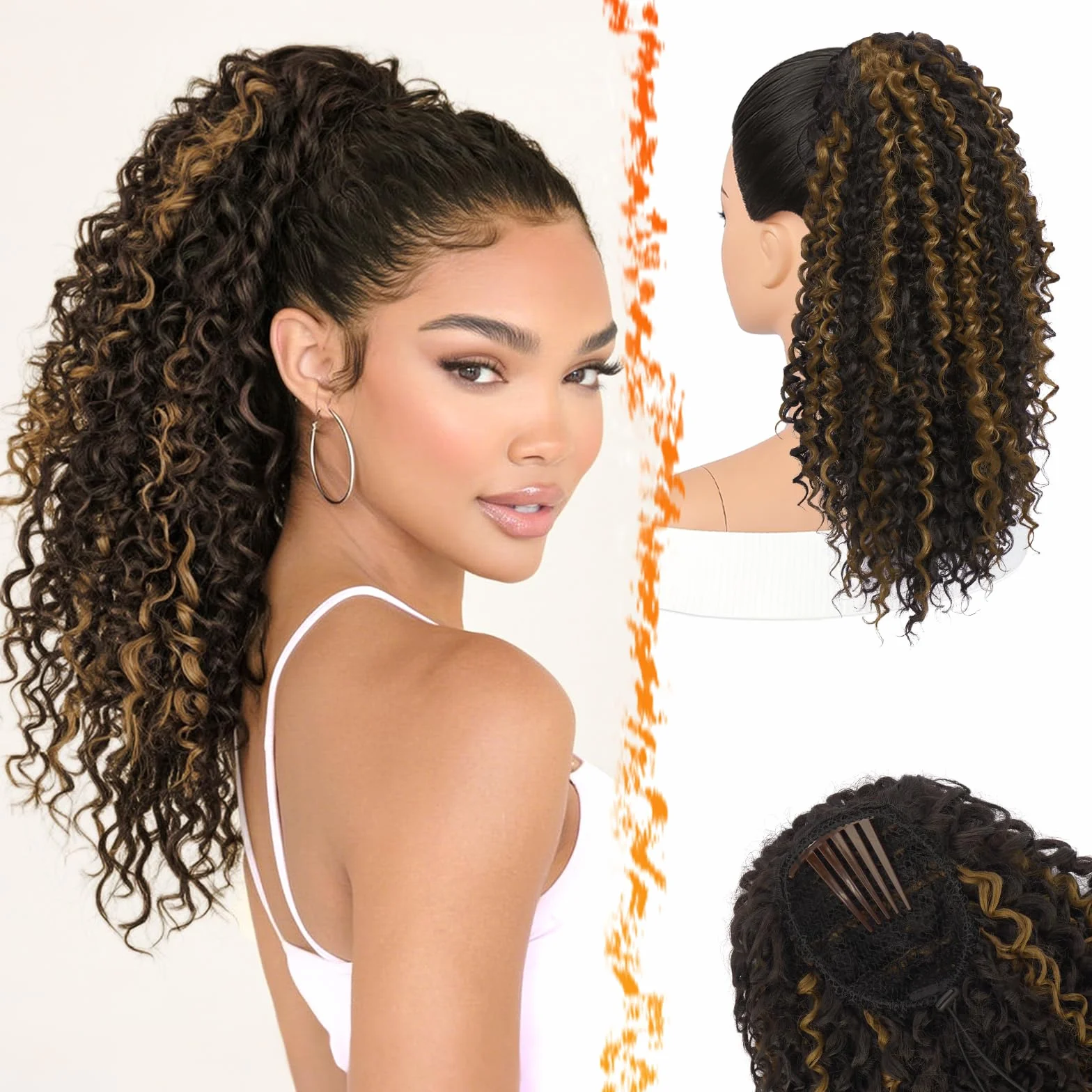 BARSDAR Rizado Cola de Caballo Extensiones 45cm Pure Protein Fibra Clip in Ponytail Negro Marrón