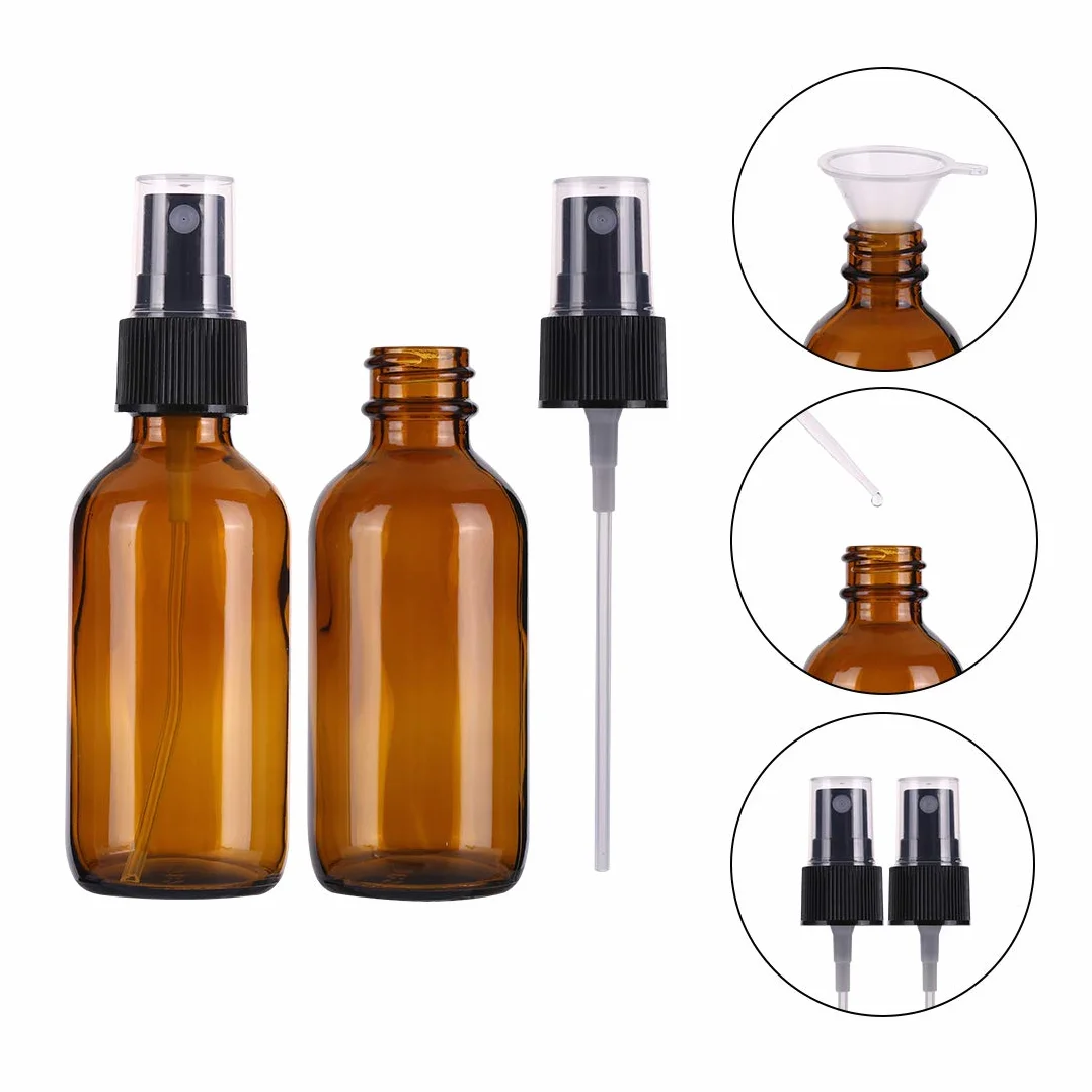 Botellas de spray de vidrio ámbar 60 ml para aceites esenciales, niebla fina recargables
