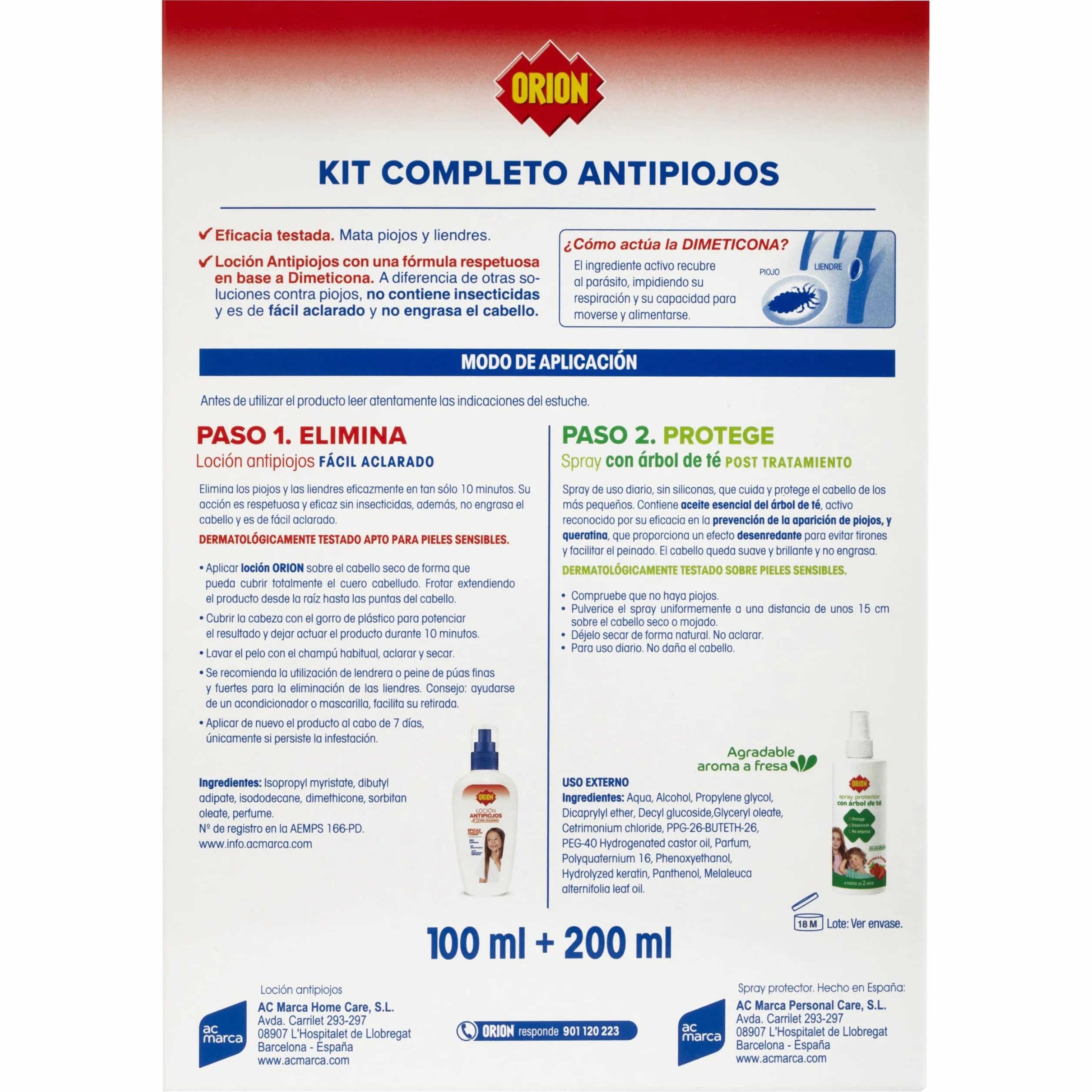 Orion Kit Antipiojos Completo Loción 100ml Spray Protector 200ml Dimeticona Árbol de Té