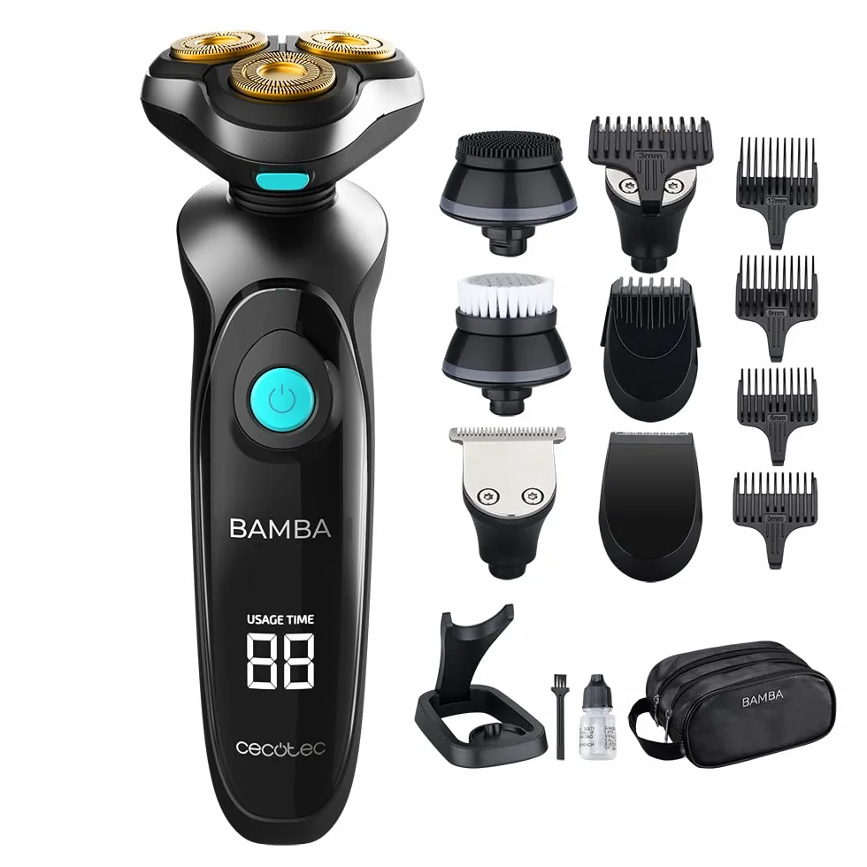 Cecotec Afeitadora Multigrooming Bamba PrecisionCare TwistGroom 10in1, Base de carga, Batería Litio, Cuchillas Acero Inoxidable con Recubrimiento Titanio, Pantalla Digital, Waterproof, Gris
