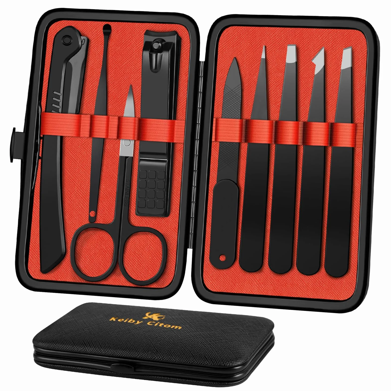 Set 9 Piezas Pinzas Profesionales Cortauñas Cejas Kit Acero Inoxidable Estuche Cuero Negro Rojo