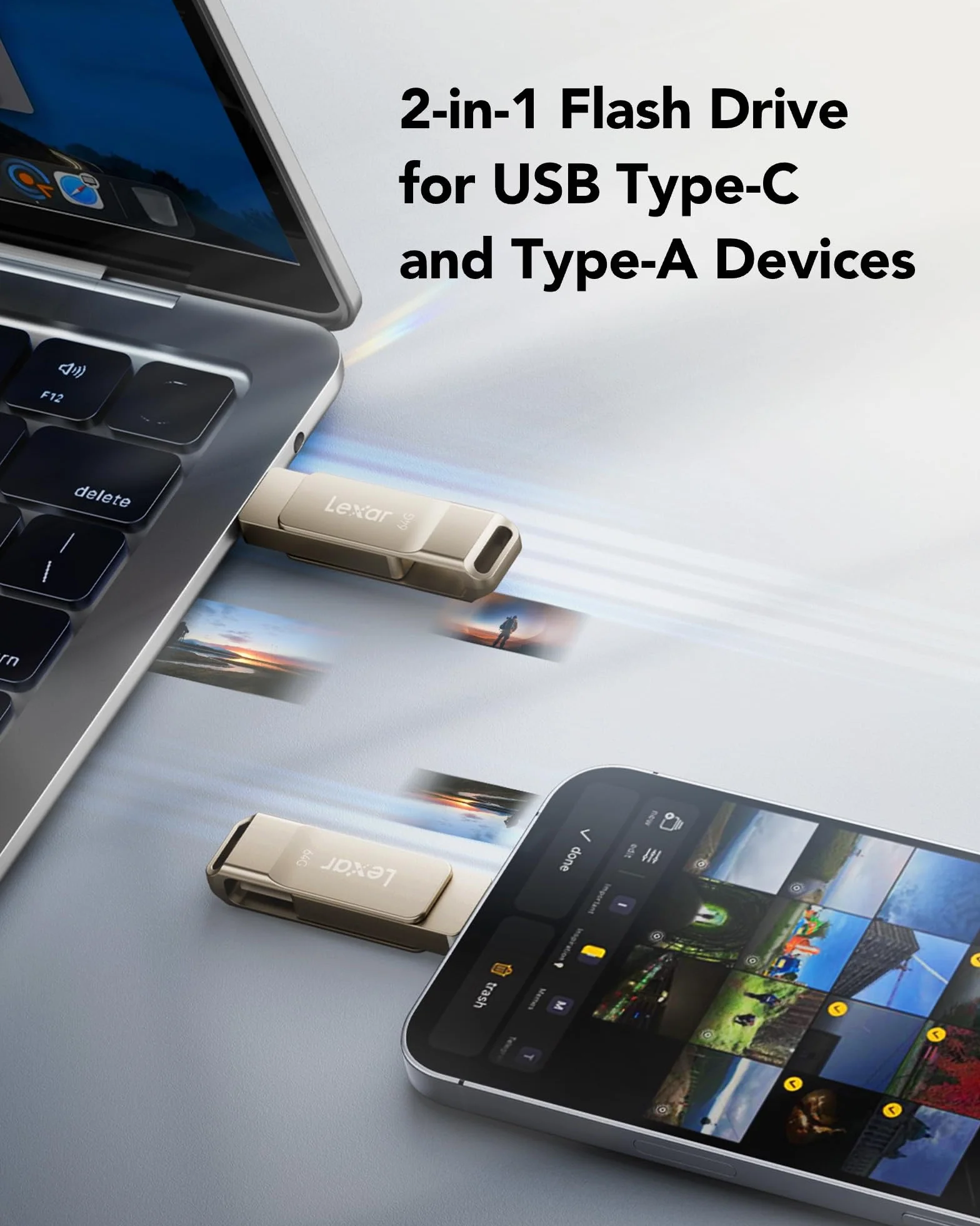 Lexar D40E Unidad Flash Dual USB Tipo-C 64GB USB 3.2 Gen 1 Carcasa de Metal Plateado