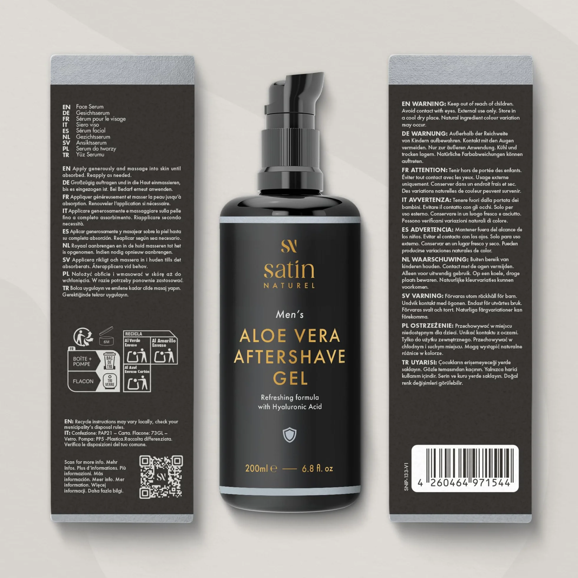 Satin Naturel After Shave 3:1 con Aloe Vera Gel 200ml Crema Hidratante Facial Serum Ácido Hialurónico Regalo Hombre