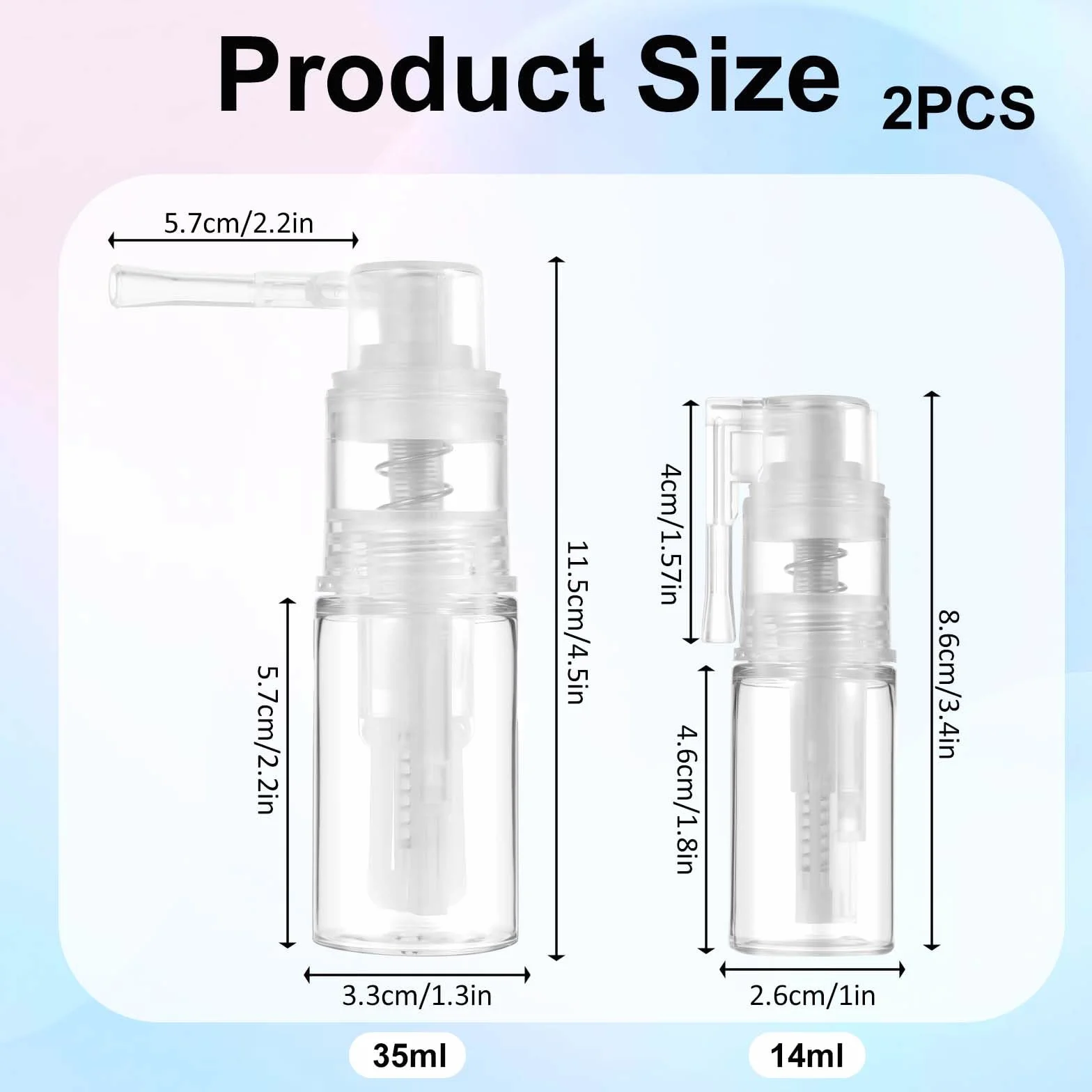 Yuanchu Pulverizador de polvo brillante 2 unidades 14 ml + 35 ml portátil extraíble botella spray transparente plástico vacío