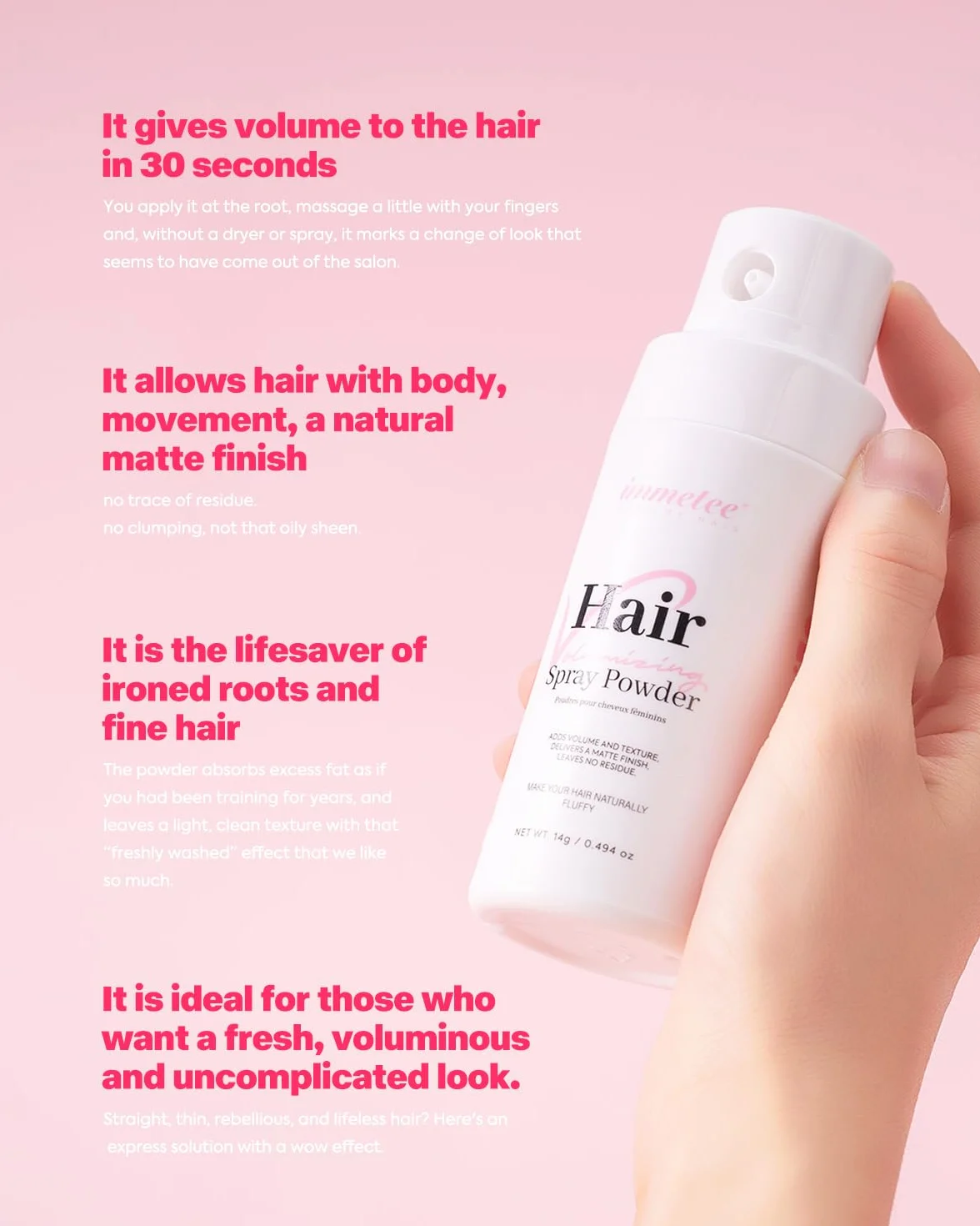 Immetee Polvo Volumen Pelo Mujer, Texturizante de Cabello sin Residuos (14g)