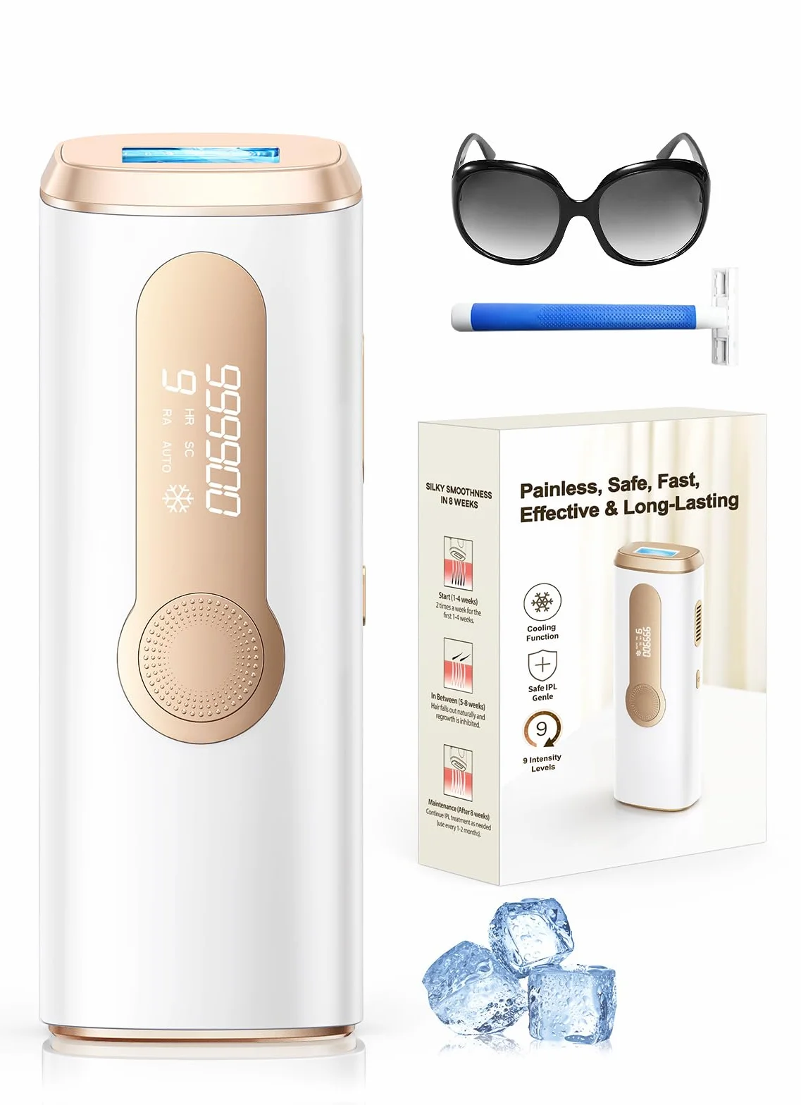 Depiladora Laser IPL con Refrigeración, 3 en 1, 9 Niveles, 999,900 Flashes, Luz Pulsada Indolora