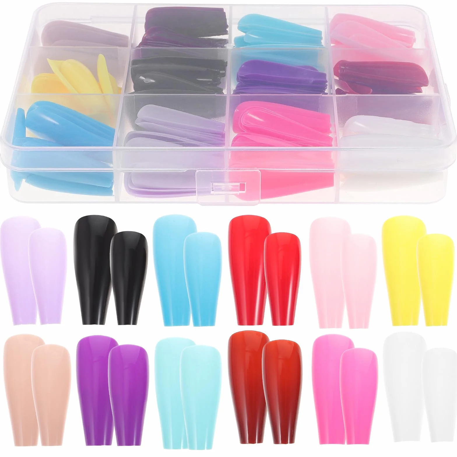1 caja Uñas Postizas Largas Mate y Brillo Compartimentos Cubrimiento Total Accesorios para Arte de Uñas Fácil Aplicación y Diseño Sólido para DIY